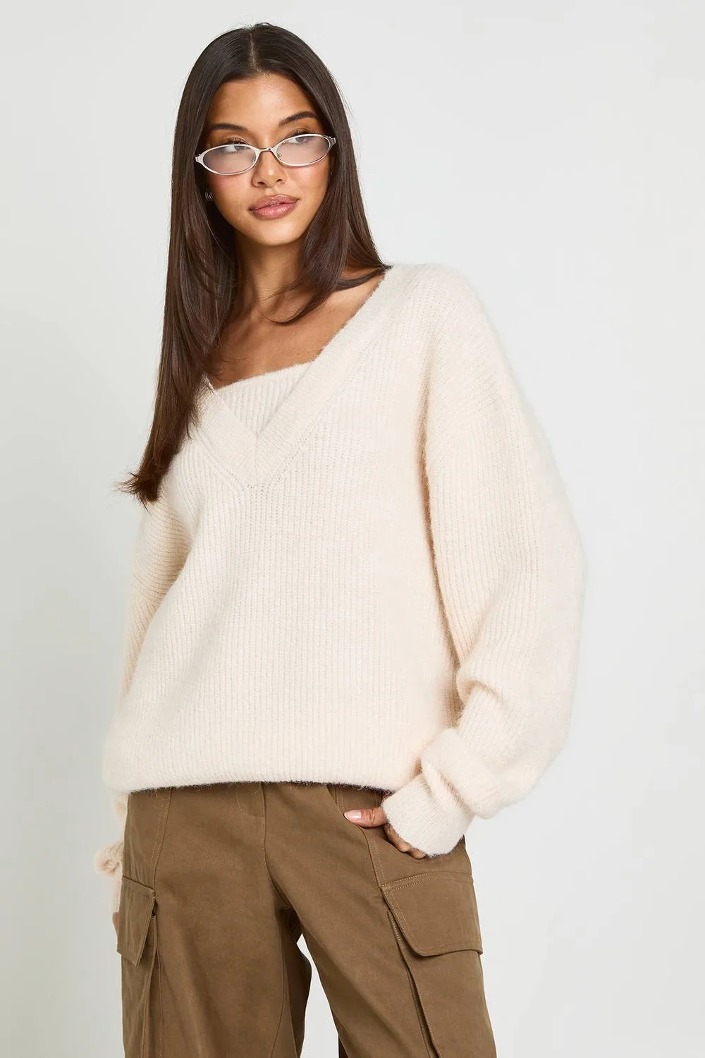 V Neck Panel Knitted Jumper by boohoo