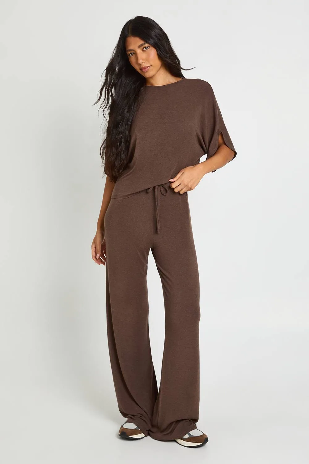 Ultra Soft Jersey Knit Long Sleeve Top & Straight Leg Trouser Coord by boohoo
