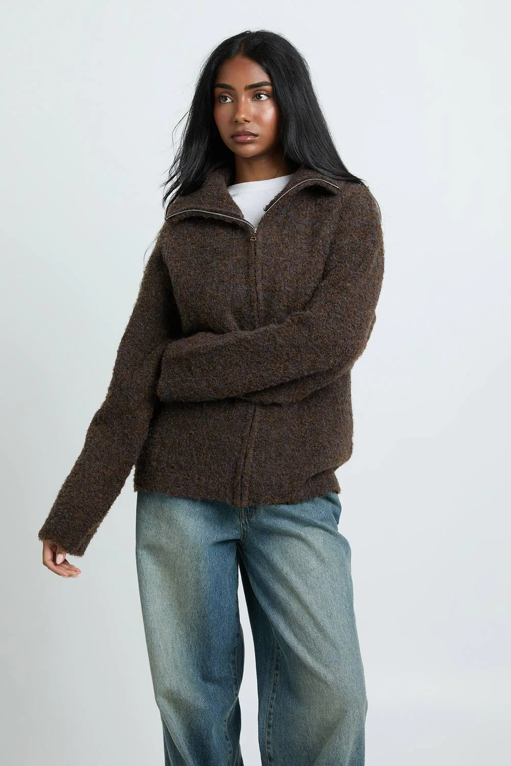 Chunky Boucle Knit Zip Through High Neck Cardigan by boohoo