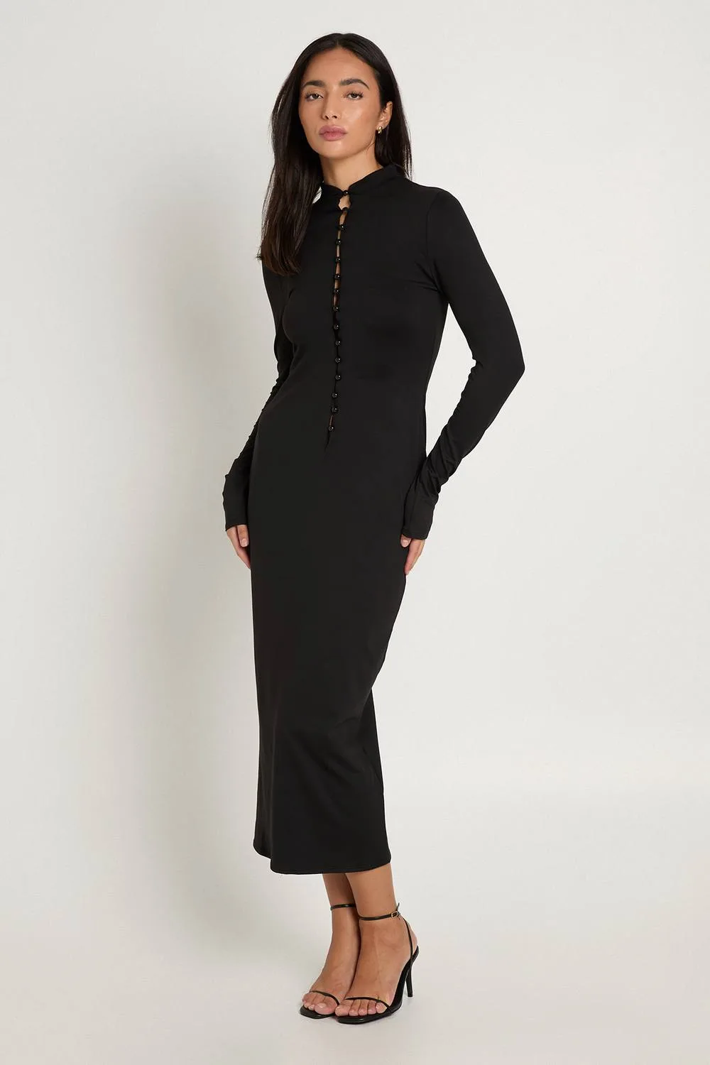 High Neck Button Front Long Sleeve Midaxi Dress by boohoo