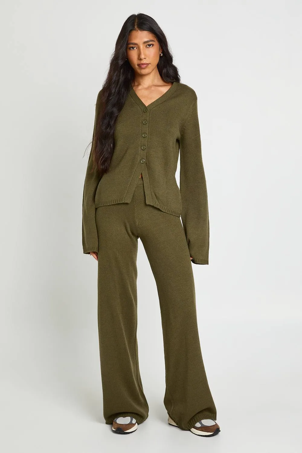 Collar Detail Button Down Knitted Cardigan & Straight Leg Trouser Co-Ord by boohoo