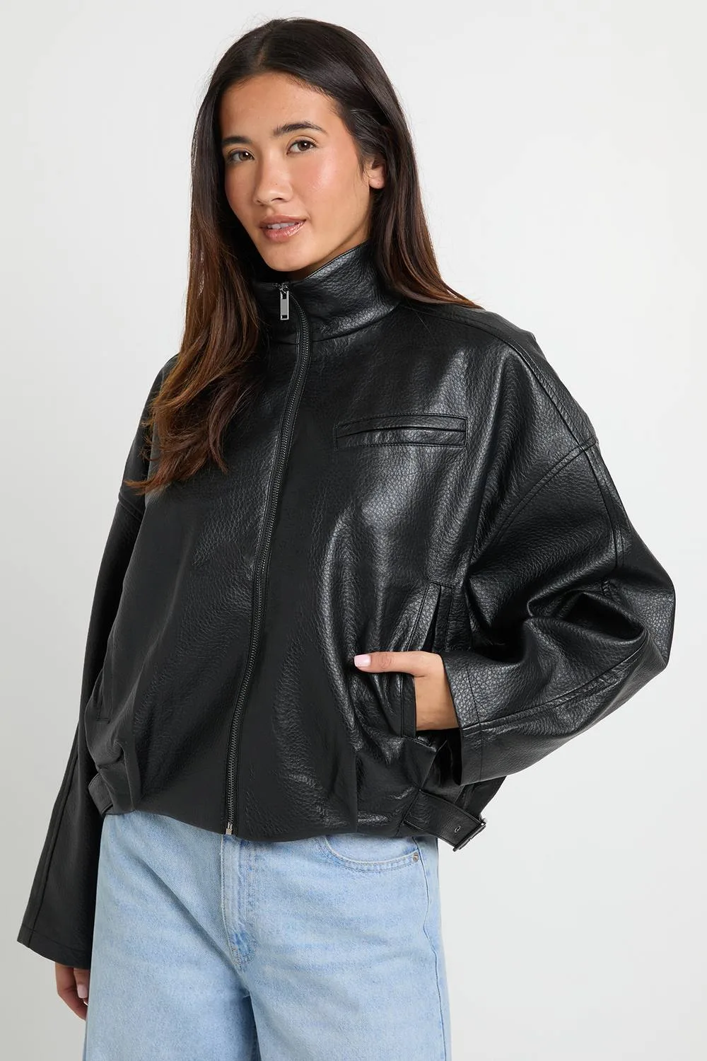 Pebbled Faux Leather Funnel Neck Hem Detail Bomber Jacket by boohoo