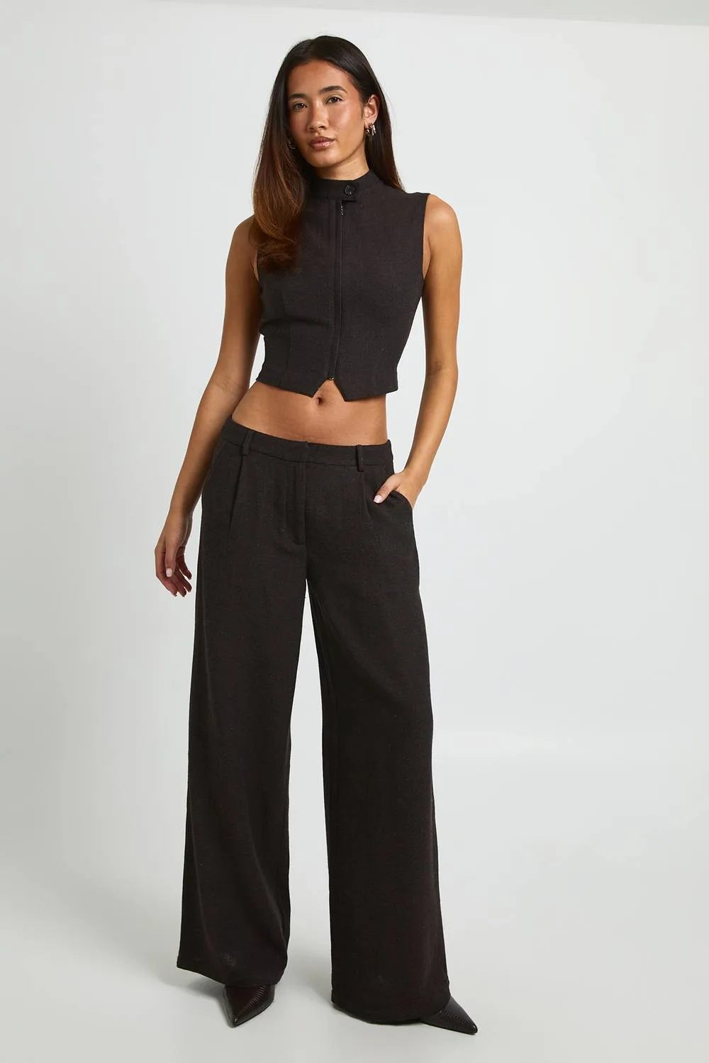 Herringbone Pleated Wide Leg Trousers by boohoo