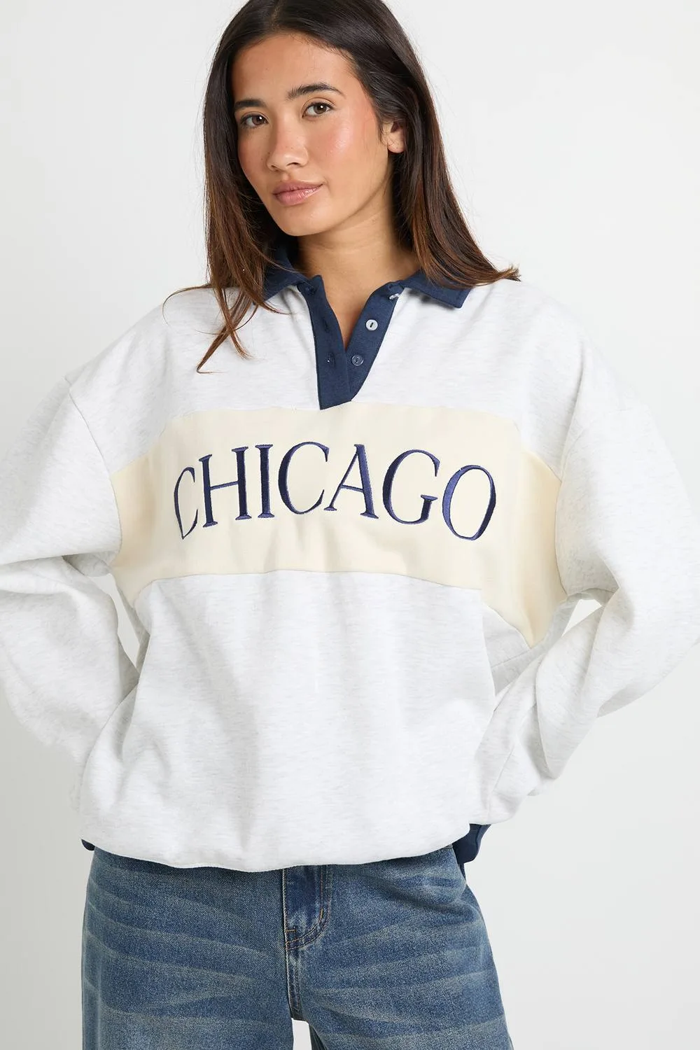 Chicago Embroidered Collared Rugby Sweatshirt by boohoo
