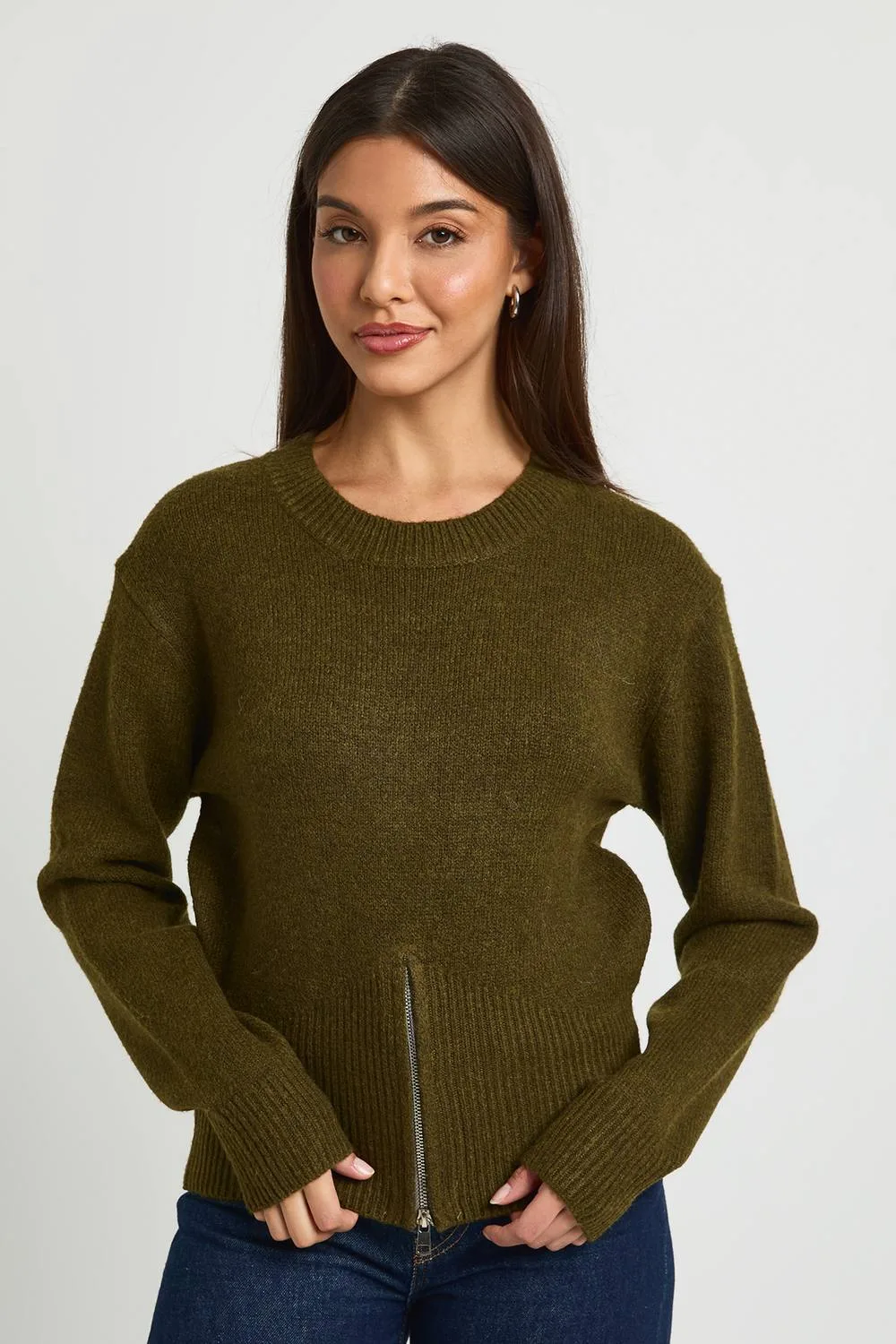 Zip Hem Cinched Waist Knitted Jumper by boohoo