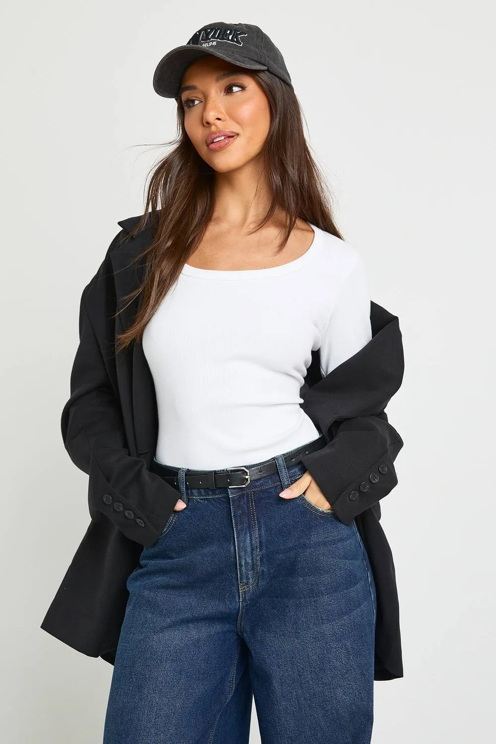 Basic Rib Scoop Neck Fitted Long Sleeve Top by boohoo
