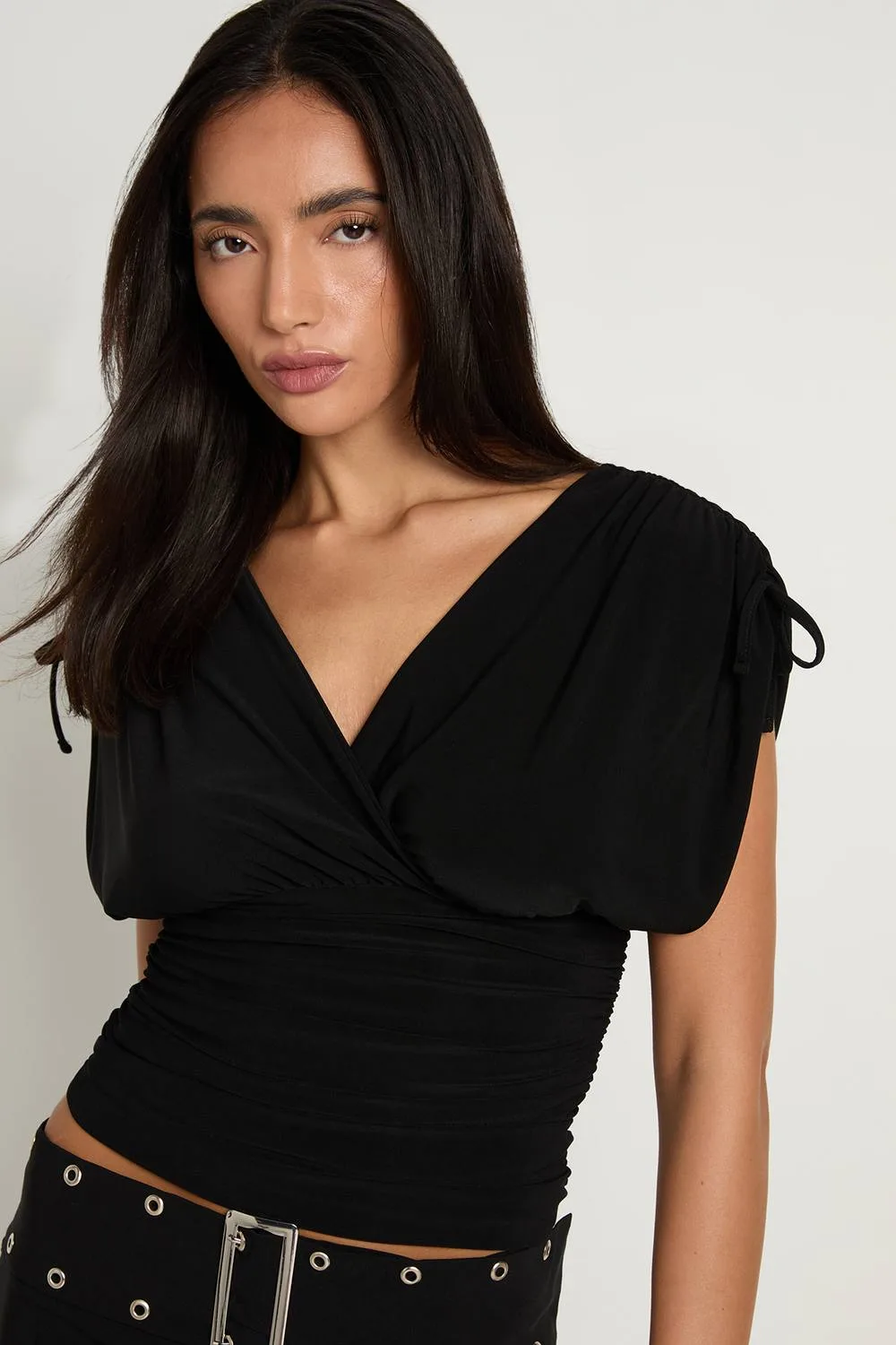 Ruched Shoulder Cinched Waist Top by boohoo
