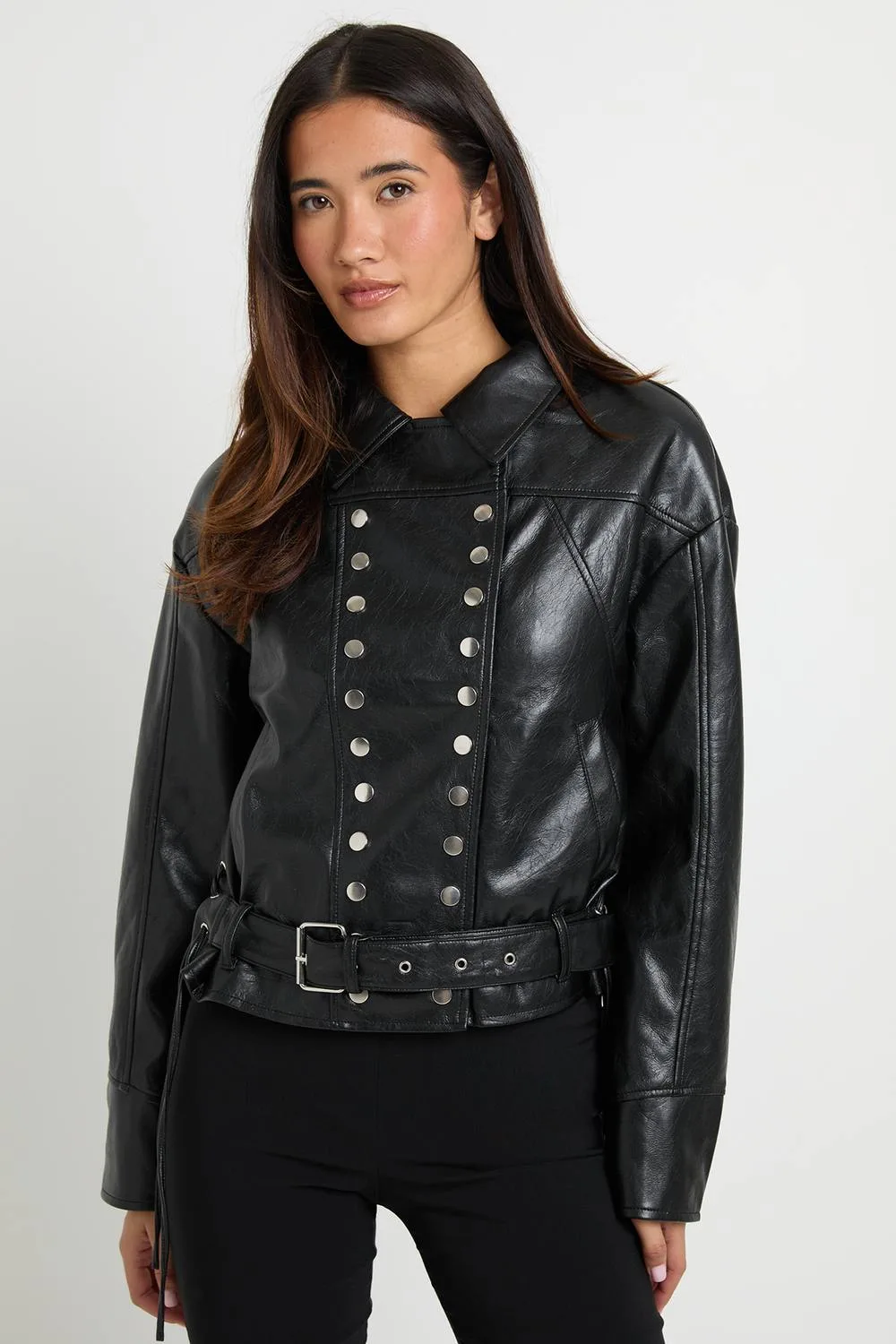 Faux Leather Button Detail Belted Jacket by boohoo