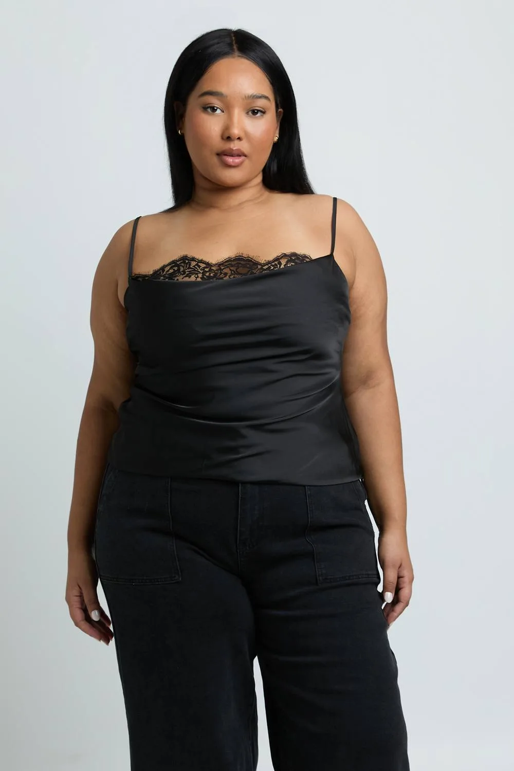 Satin Lace Cowl Detail Cami Top by boohoo