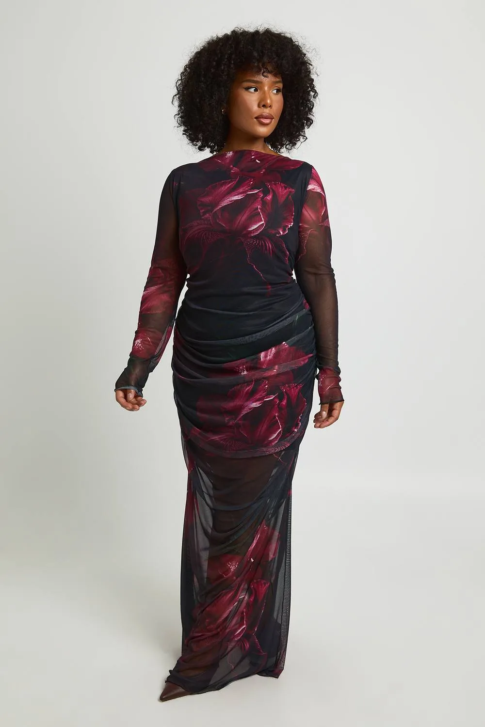 Blurred Floral Ruched Mesh Maxi Dress by boohoo