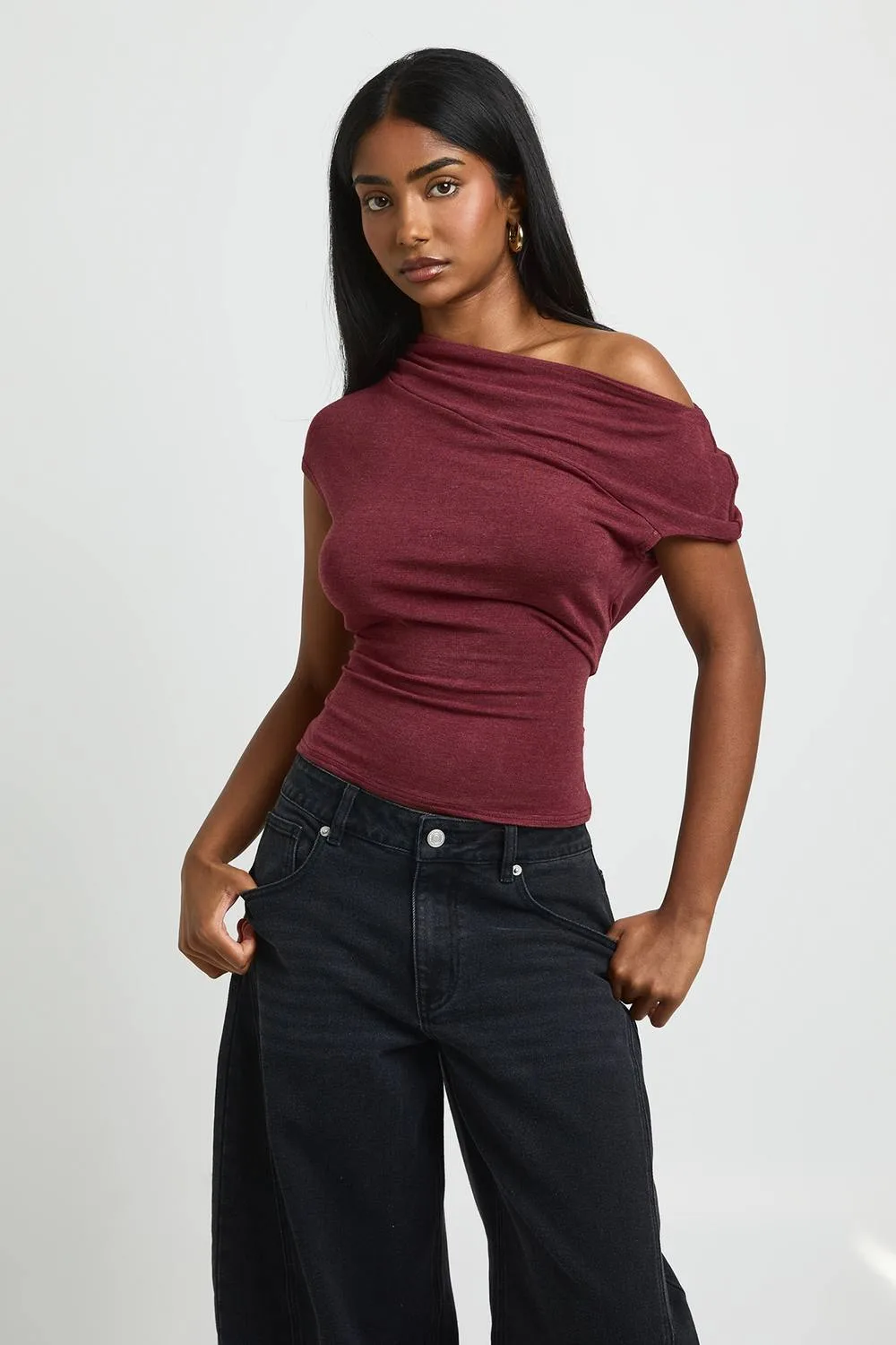 Ultra Soft Jersey Knit Asym Neck Short Sleeve Top