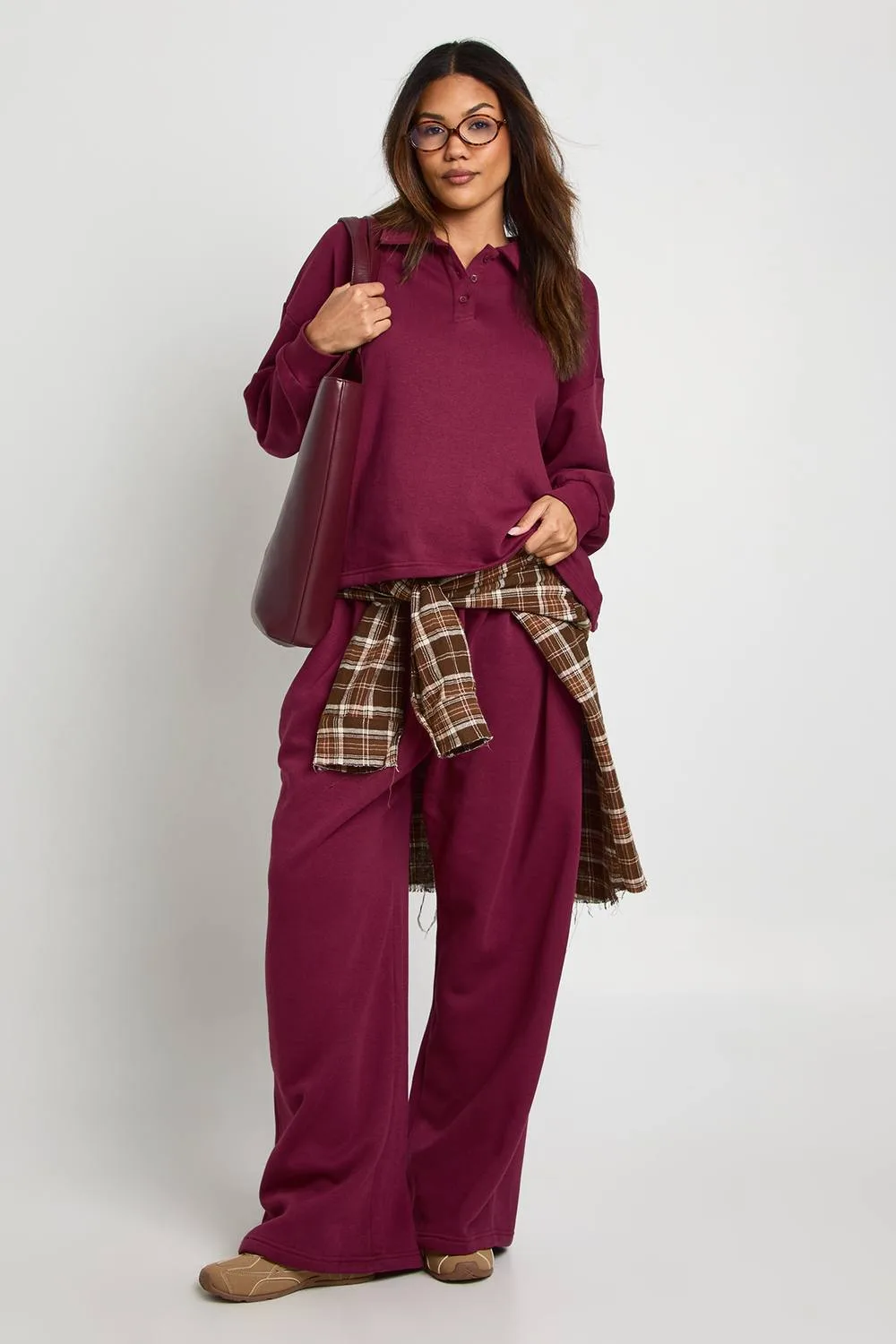 Collared Button Down Sweatshirt & Wide Leg Co Ord by boohoo