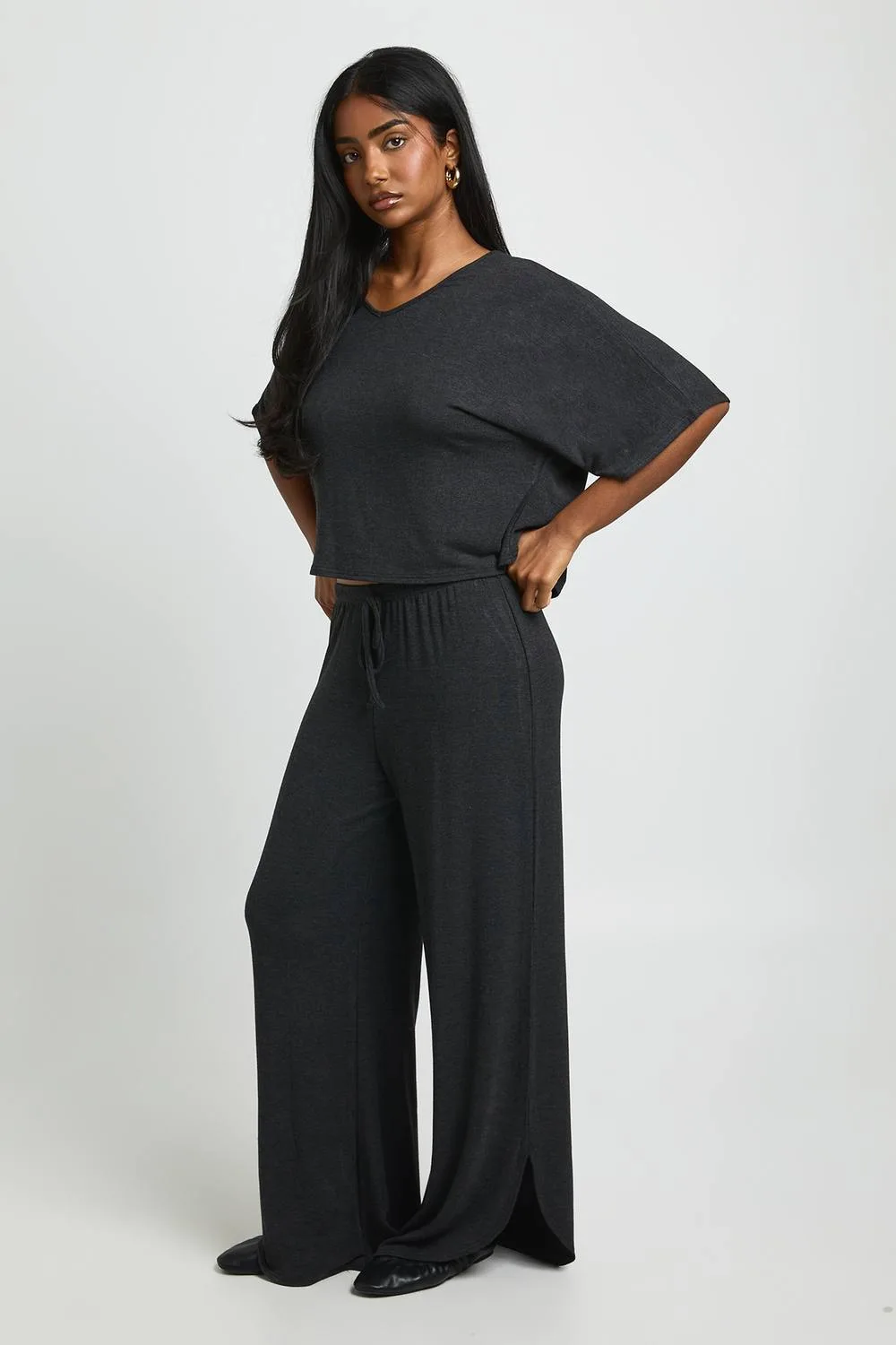 Ultra Soft Jersey Knit V Neck Long Sleeve Top & Vent Trouser Coord by boohoo