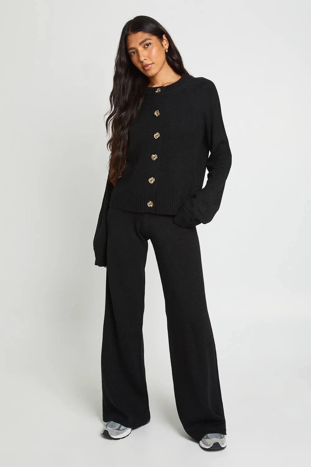 Crew Neck Knitted Chunky Cardigan & Wide Leg Trouser Co-Ord by boohoo