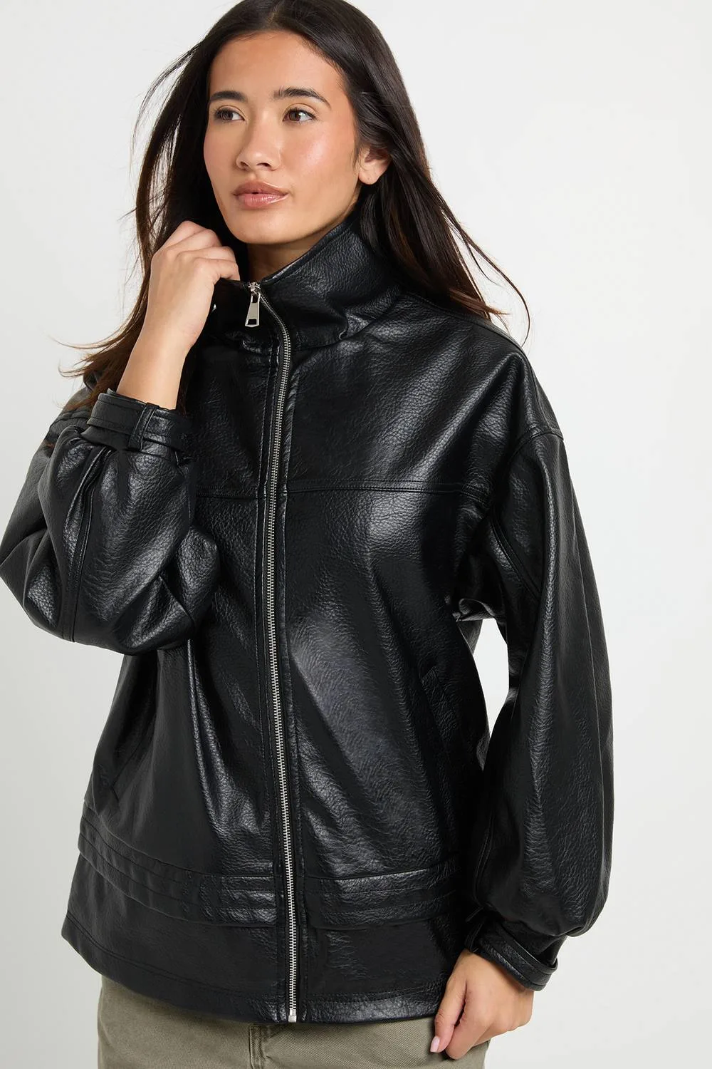 Waist Detail Faux Leather Jacket