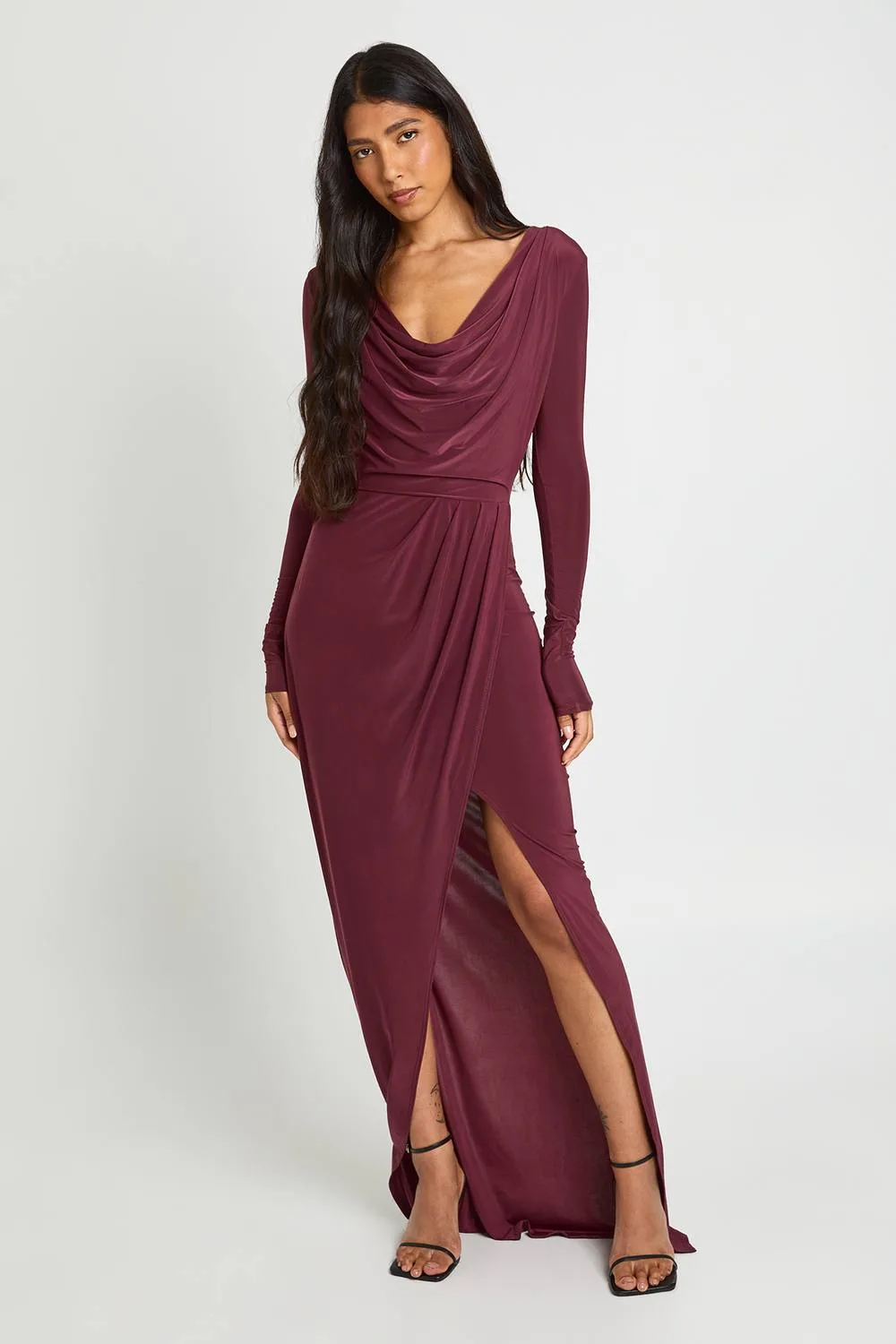 Slinky Ruched Wrap Long Sleeve Maxi Dress