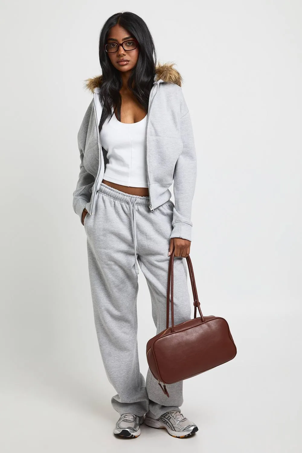 Faux Fur Trim Hooded Straight Leg Tracksuit by boohoo