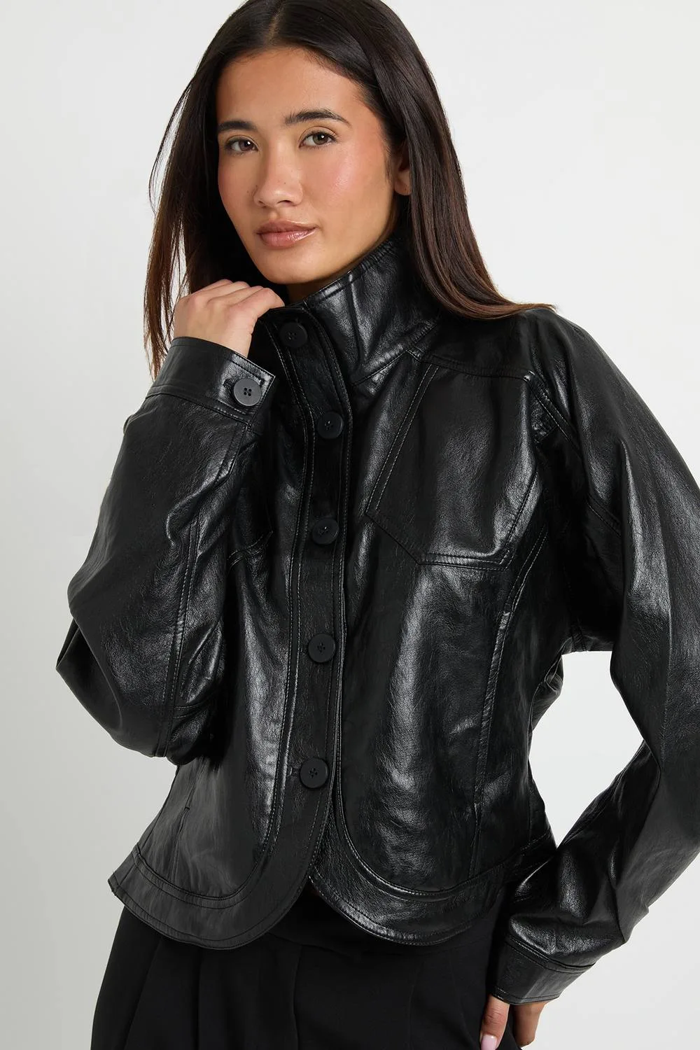 Faux Leather Cinched Waist Jacket by boohoo