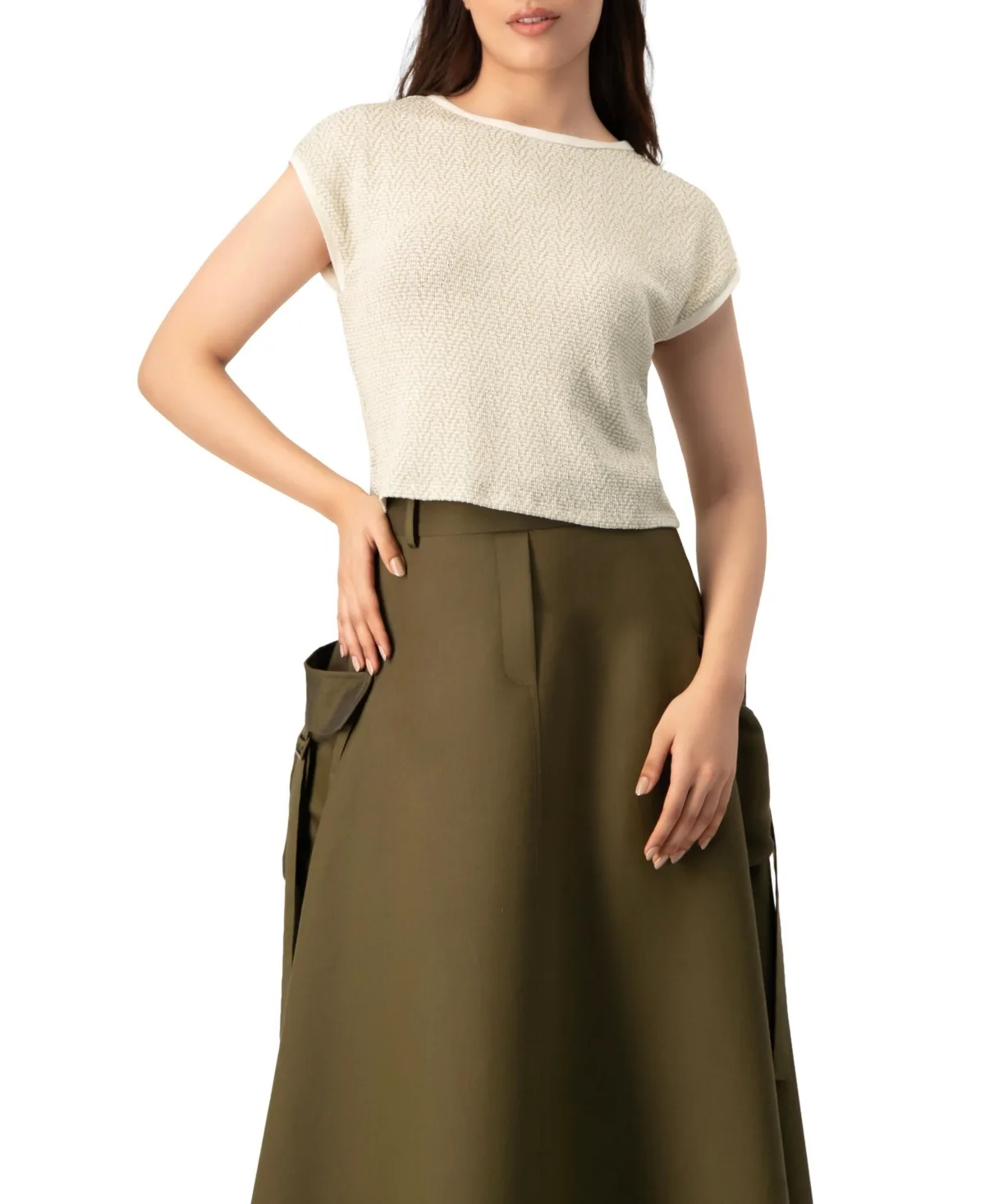 Textured Cap Sleeve Boat Neck Knit Cropped Top by Ivonne