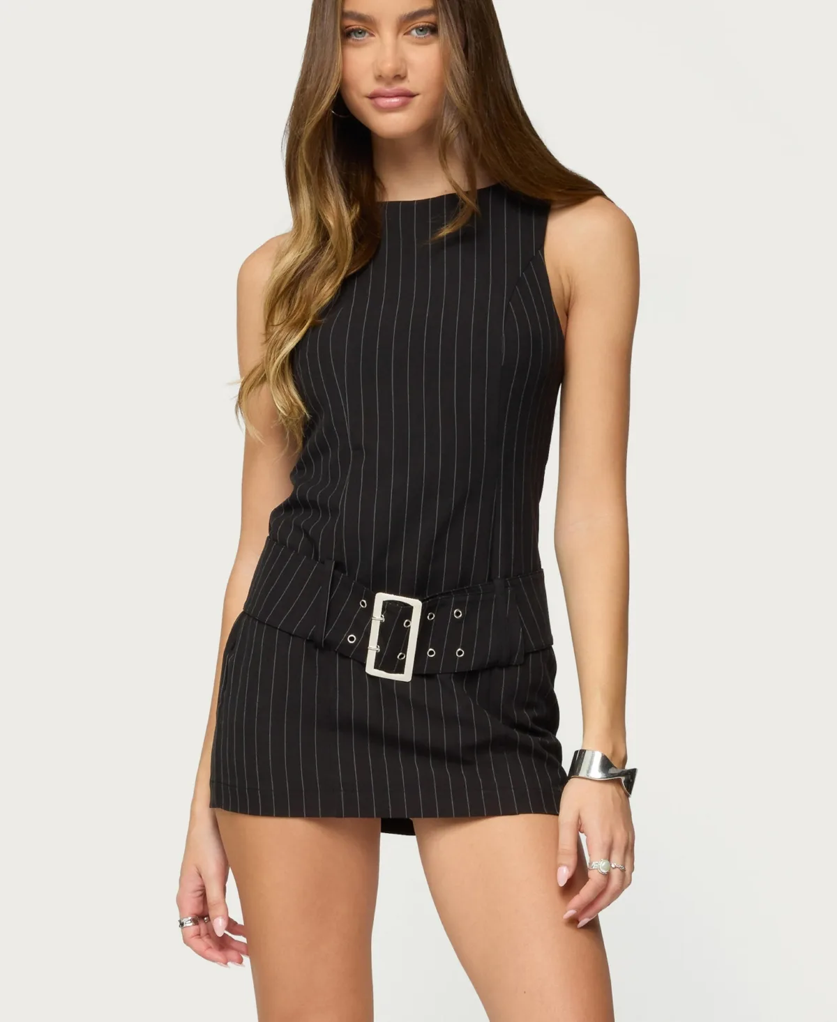 Sharone Belted Pinstripe Romper by Edikted