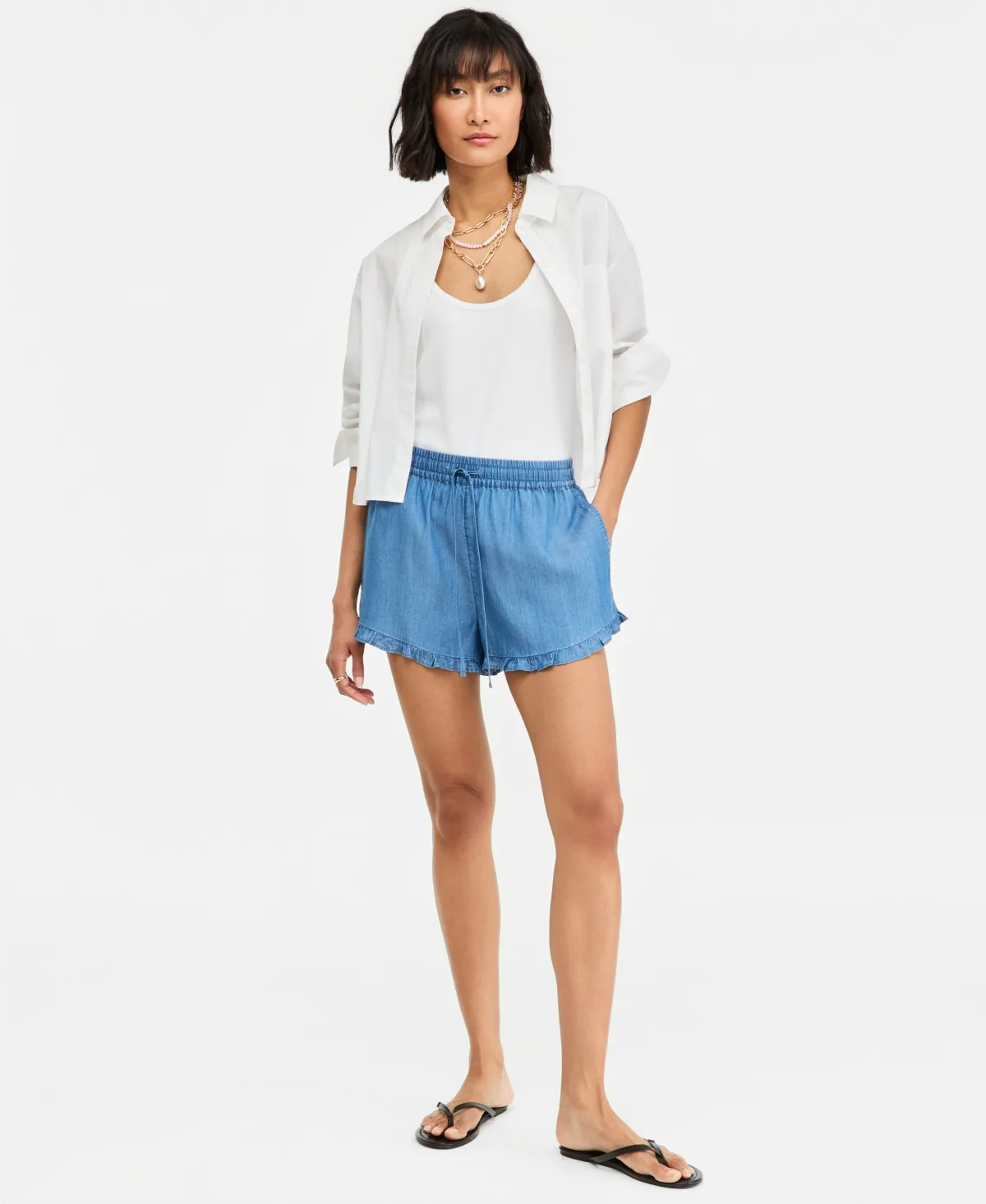 Chambray Ruffled Drawstring Shorts by On 34th