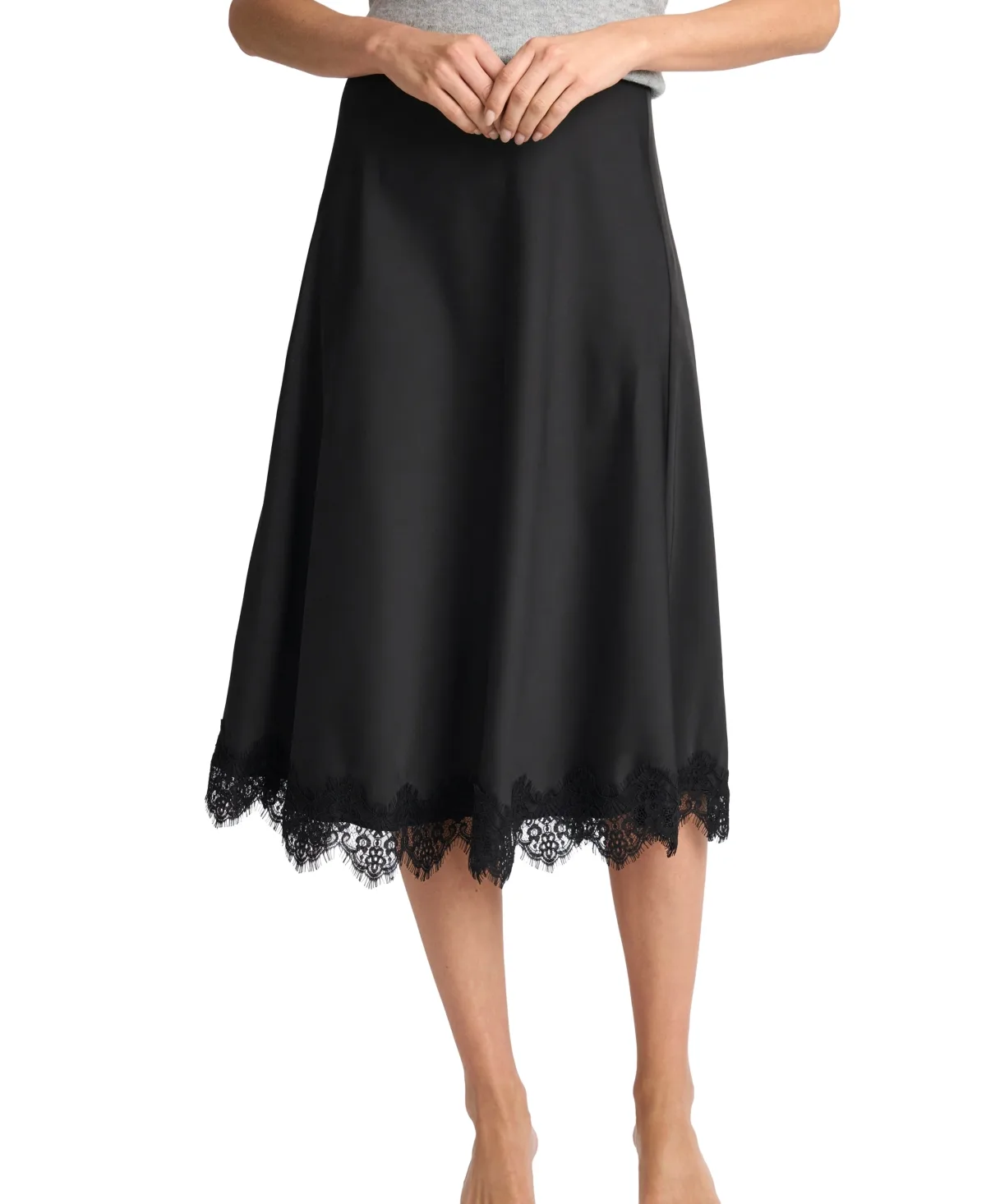 Satin Lace Trim A-Line Midi Skirt