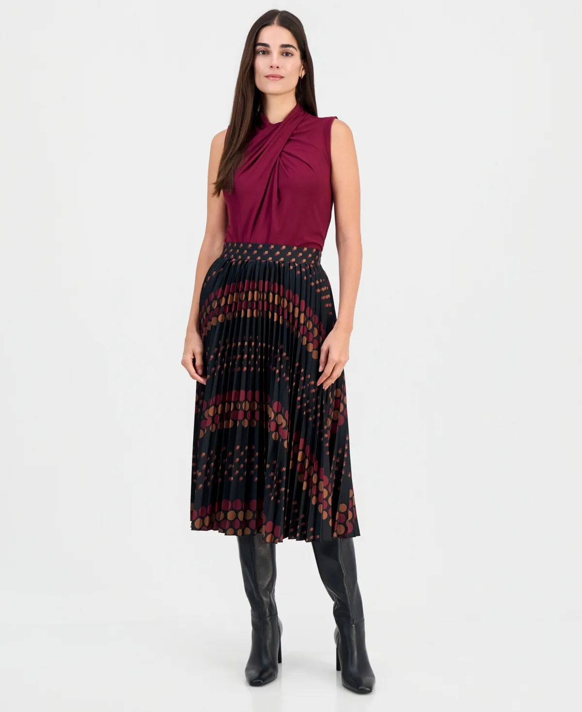 Printed Pull-On Pleated Midi Skirt by T Tahari