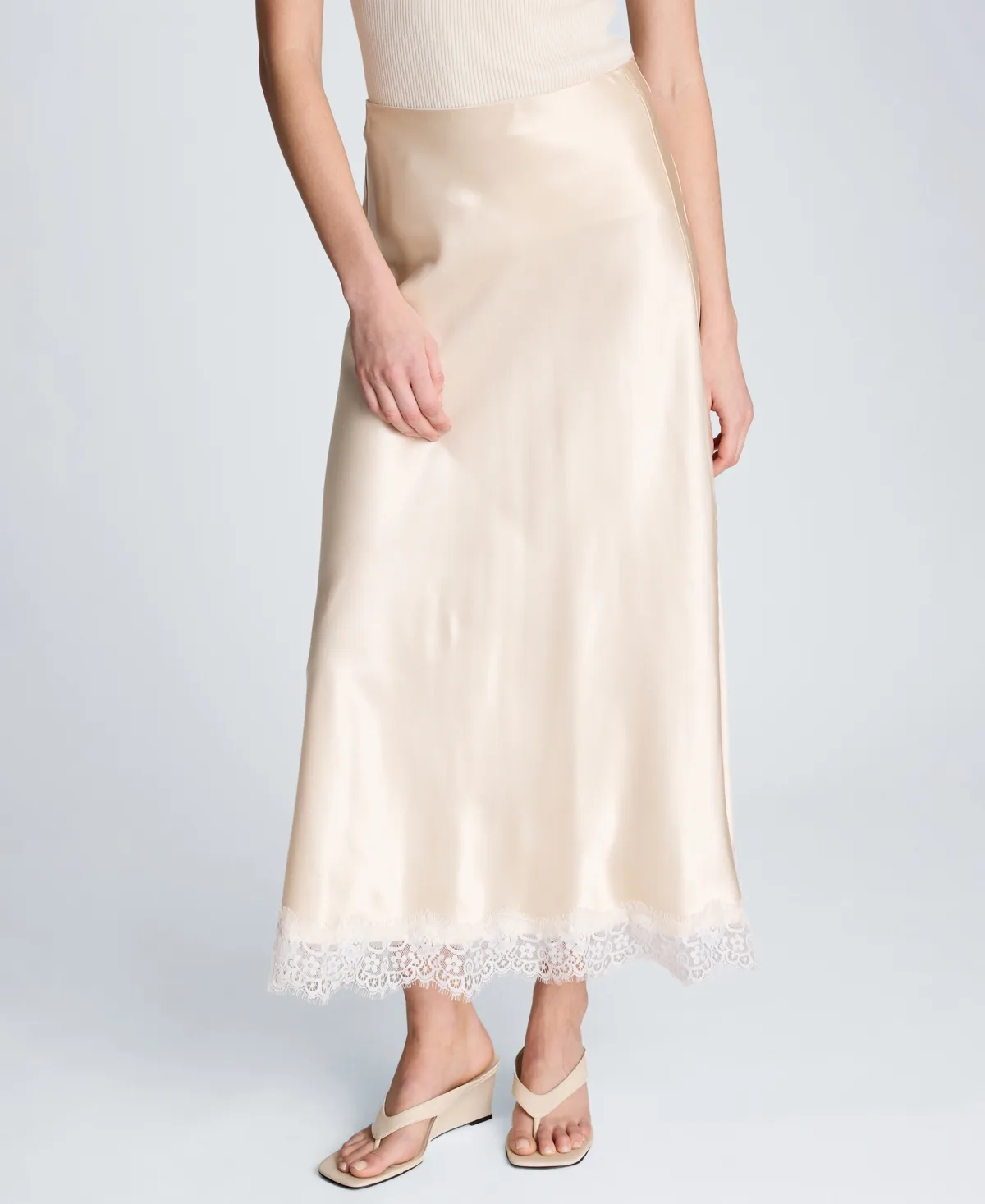 Pull-On Lace Trim Midi Skirt by Kenneth Cole