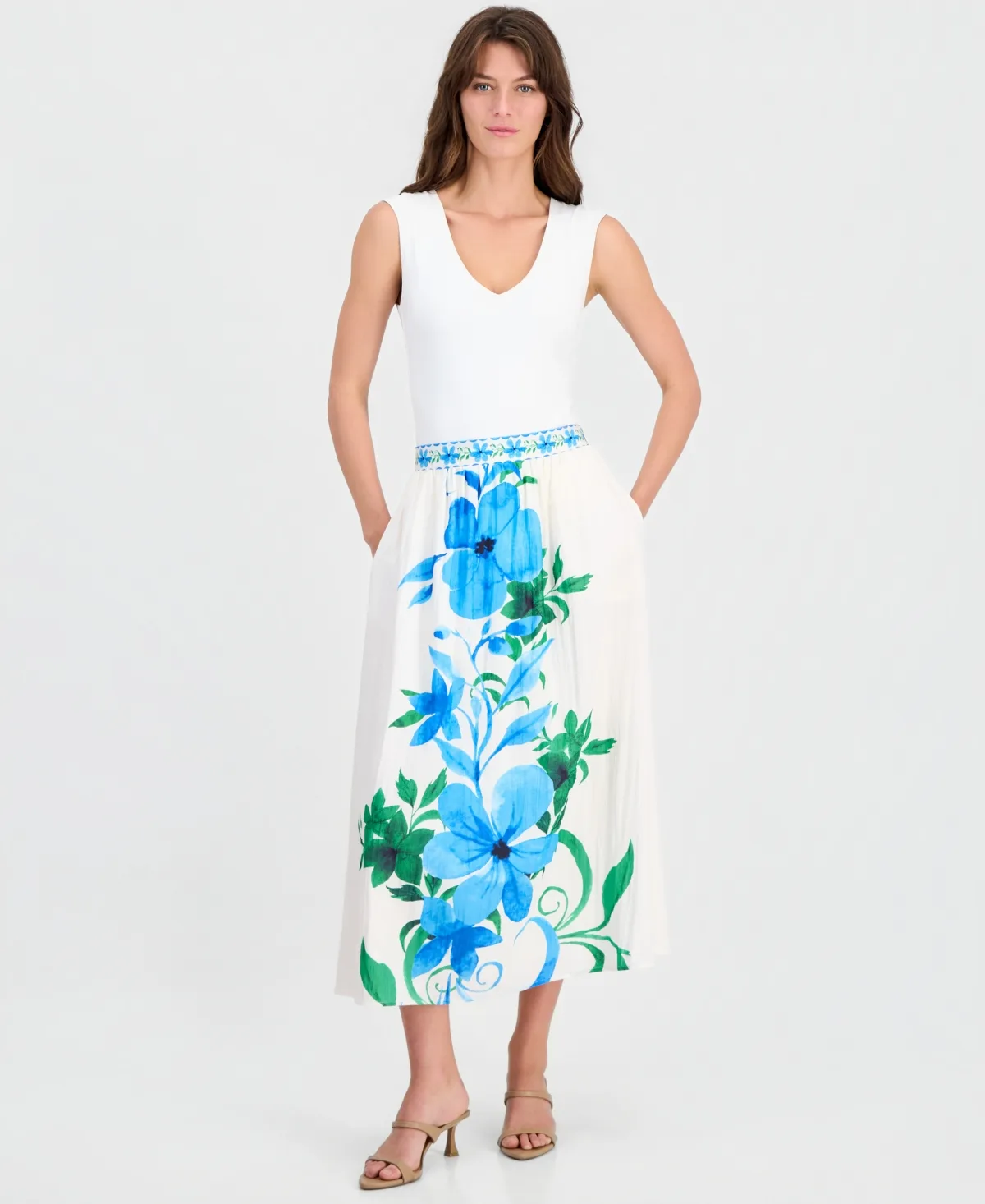 Placed-Floral Pull-On Midi Skirt