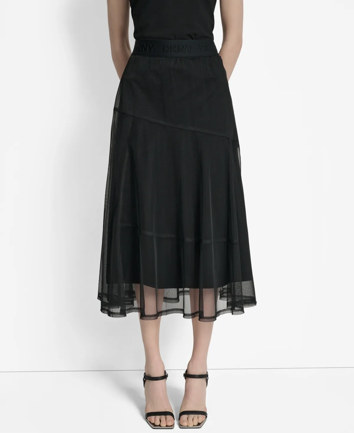 Layered Mesh Logo-Tape Midi Skirt by Dkny