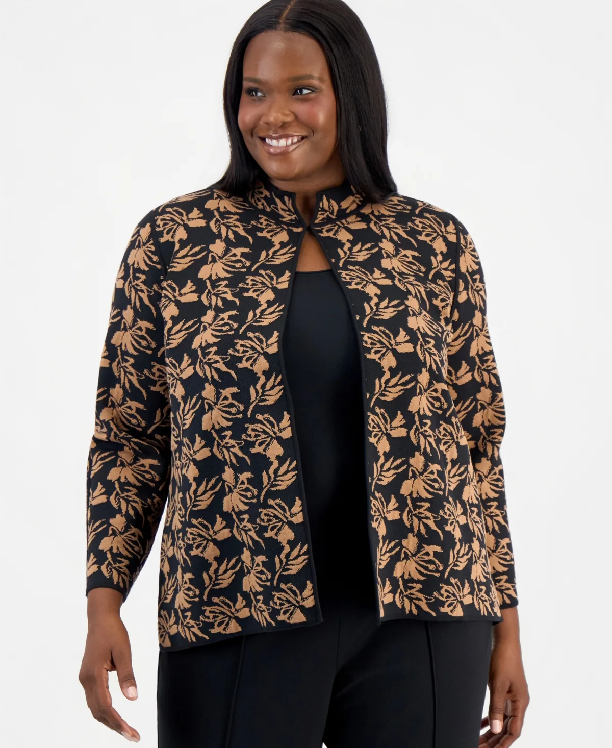 Kissing Front Cardigan Jacquard Floral Mock Neck by Kasper