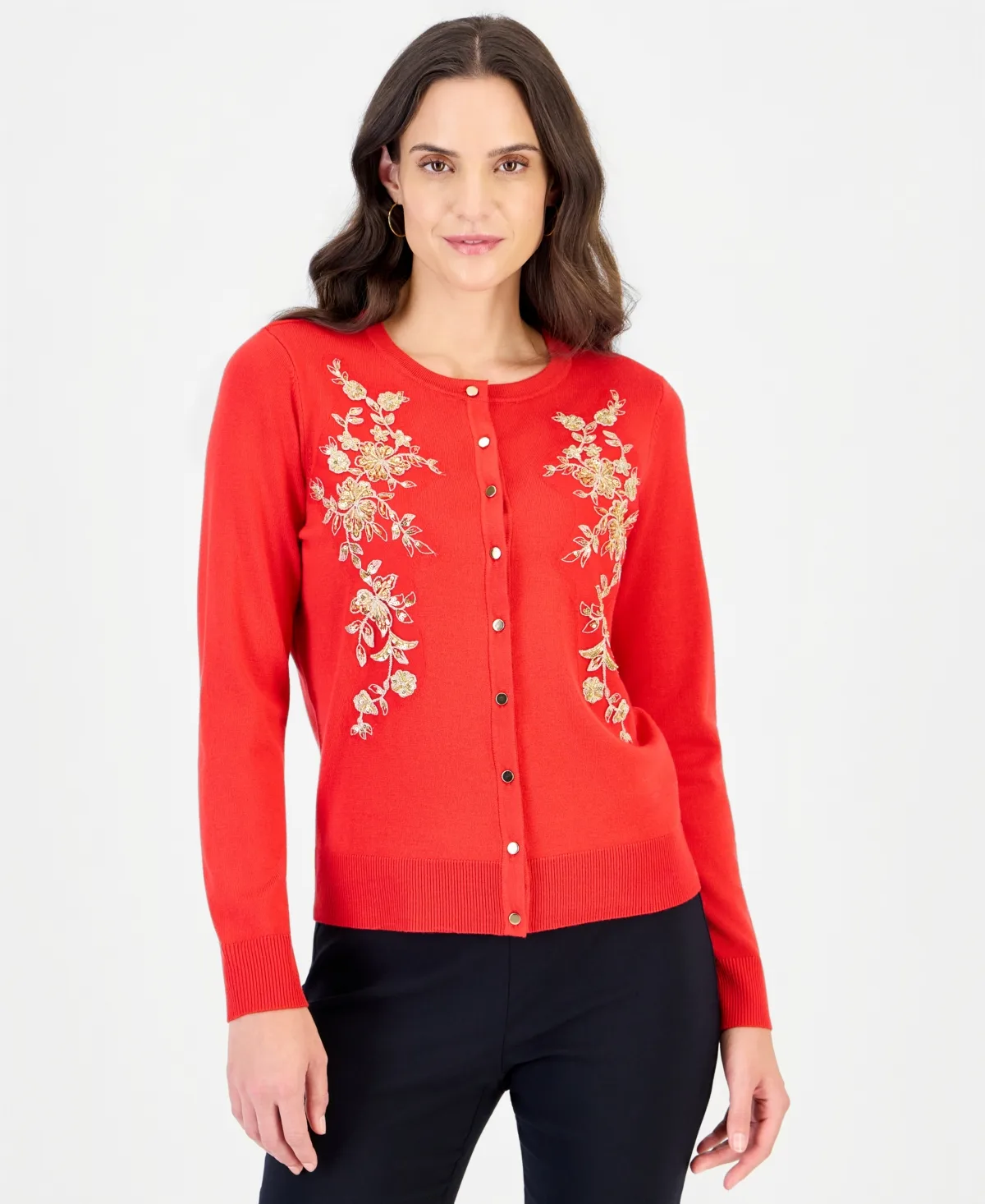 Embellished Floral Applique Button-Front Cardigan by Jm Collection