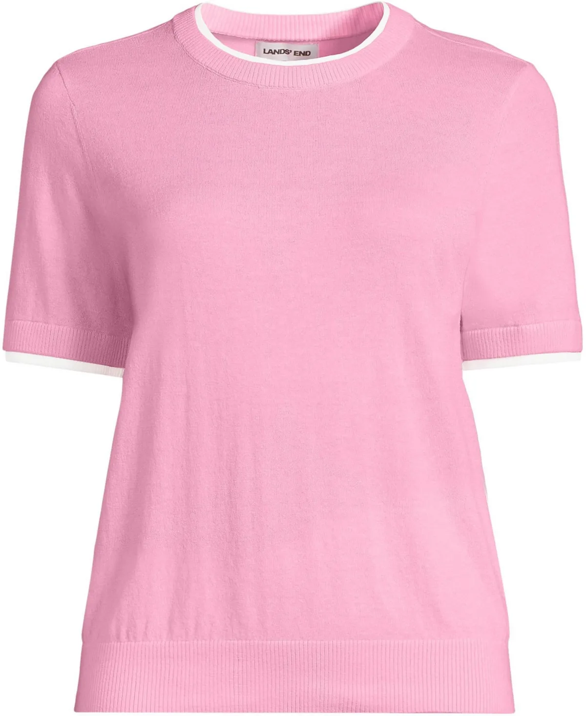 Double Trim Cotton Crew Neck Tee Sweater by Lands' End