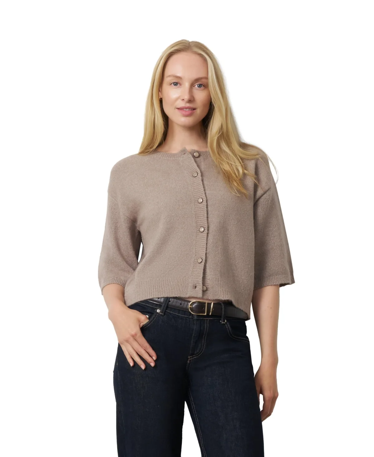 Lightweight Button-Front Crewneck Cardigan by Cable & Gauge