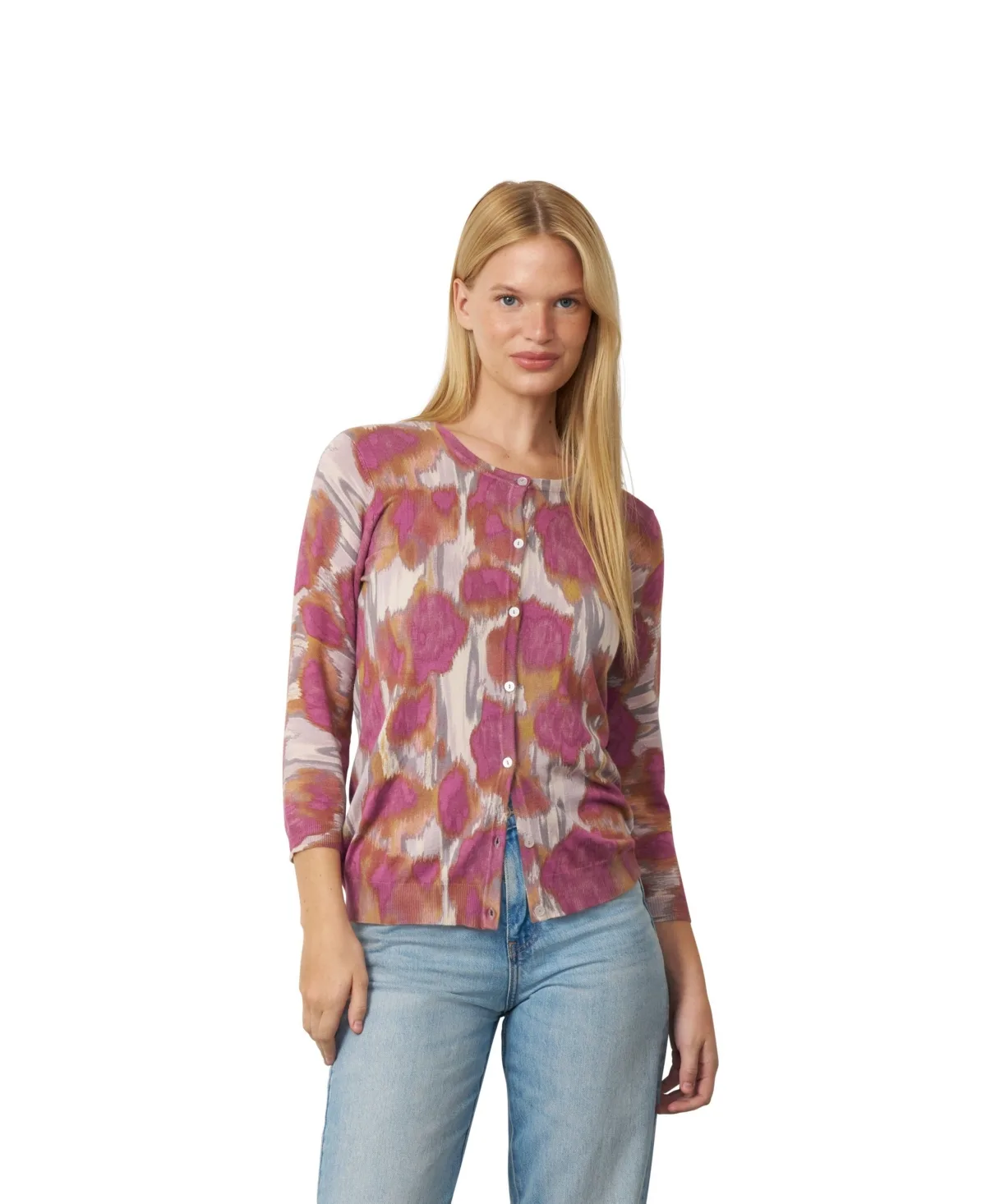 Animal Print 3/4-Sleeve Crewneck Cardigan by Cable & Gauge