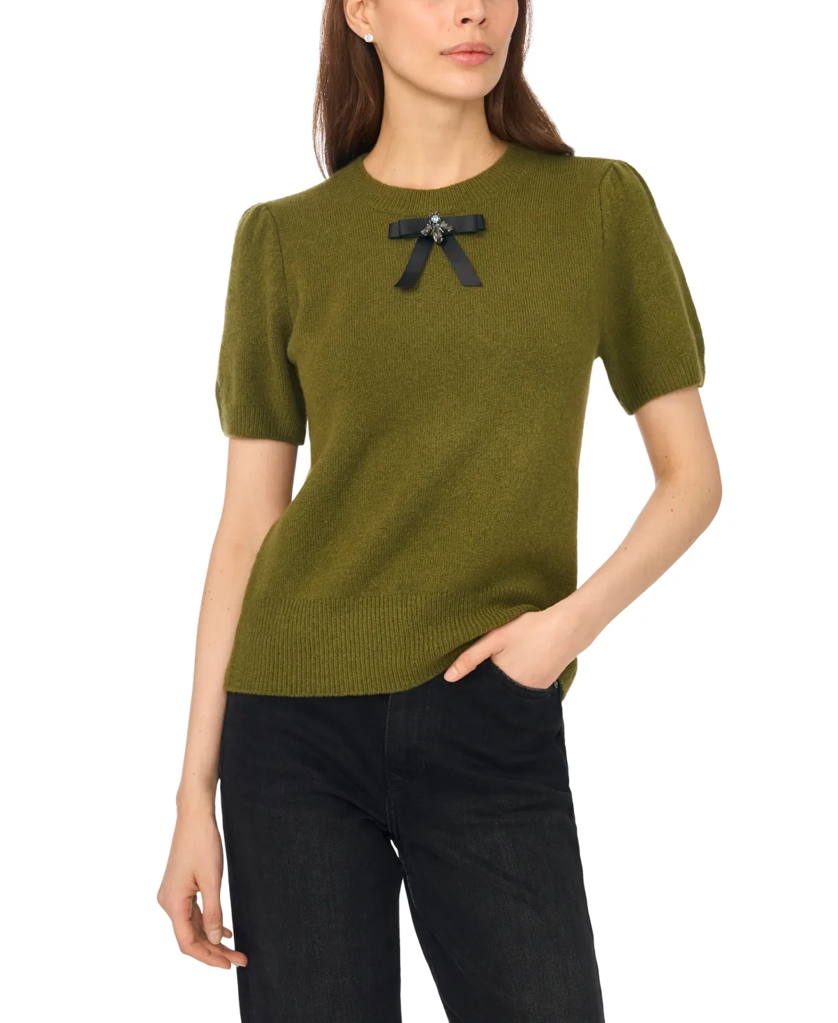 Bow Short-Sleeve Crewneck Sweater by Cece