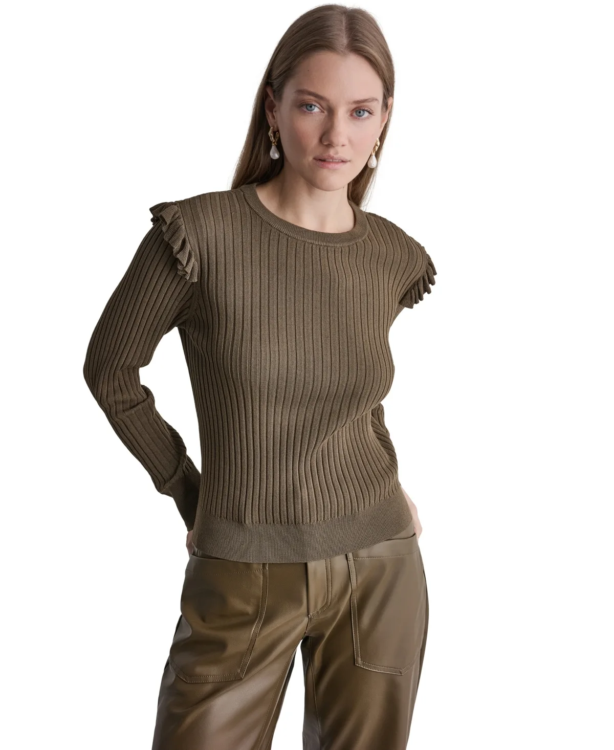 Ruffle-Trim Ribbed-Knit Long-Sleeve Crewneck Sweater by Bcbg