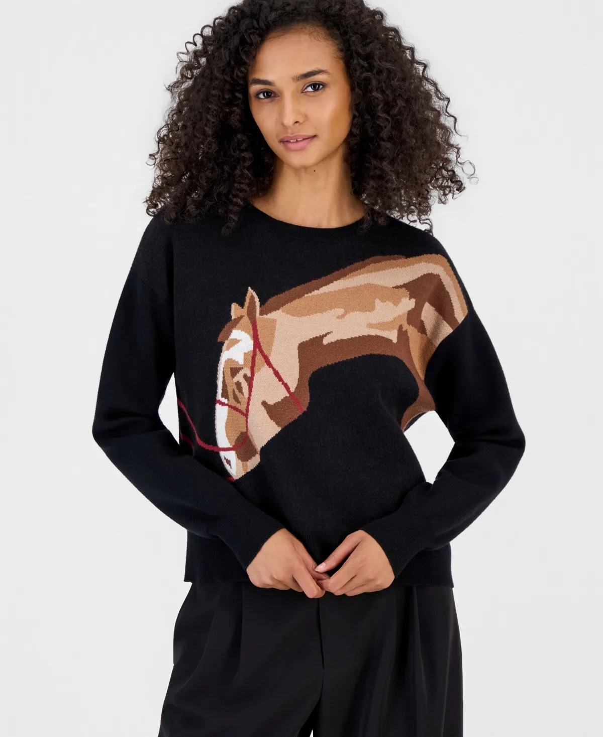 Intarsia-Knit Horse Graphic Long-Sleeve Sweater by T Tahari
