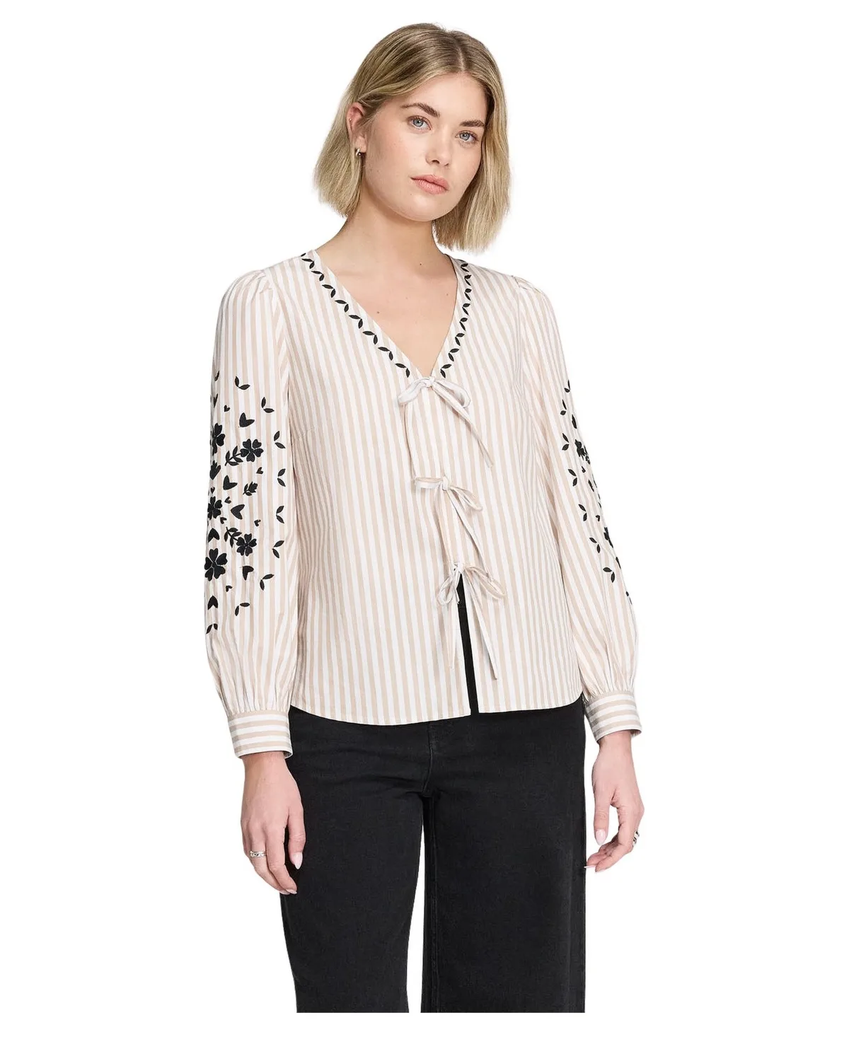 Karlee Striped Tie-Front Long-Sleeve Top by Finery London