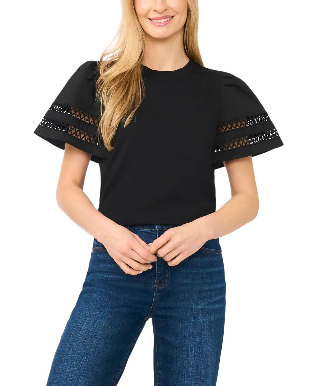 Combo Trim-Sleeve Crew Neck Top by Cece