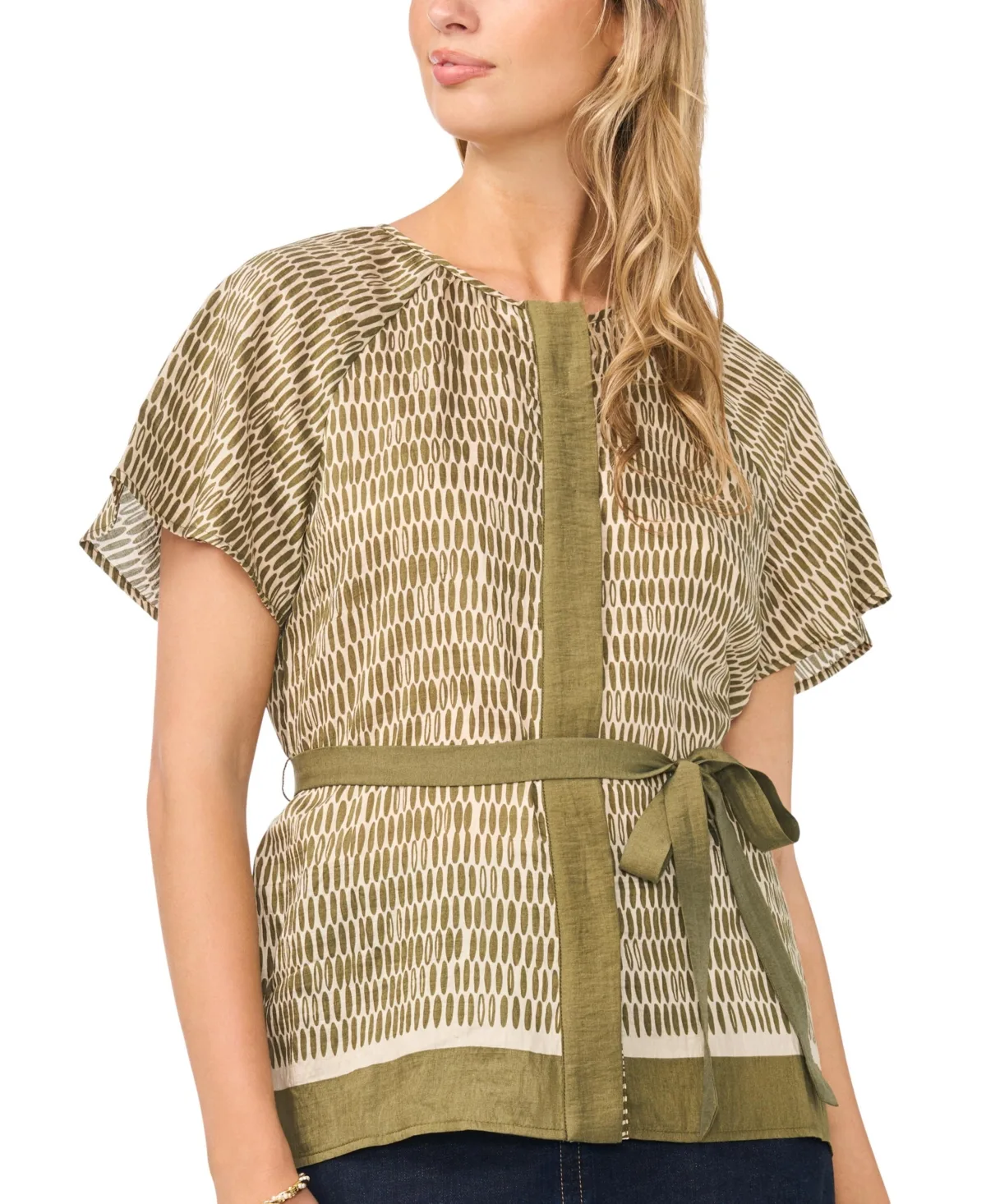 Flutter-Sleeve Belted Blouse by Vince Camuto