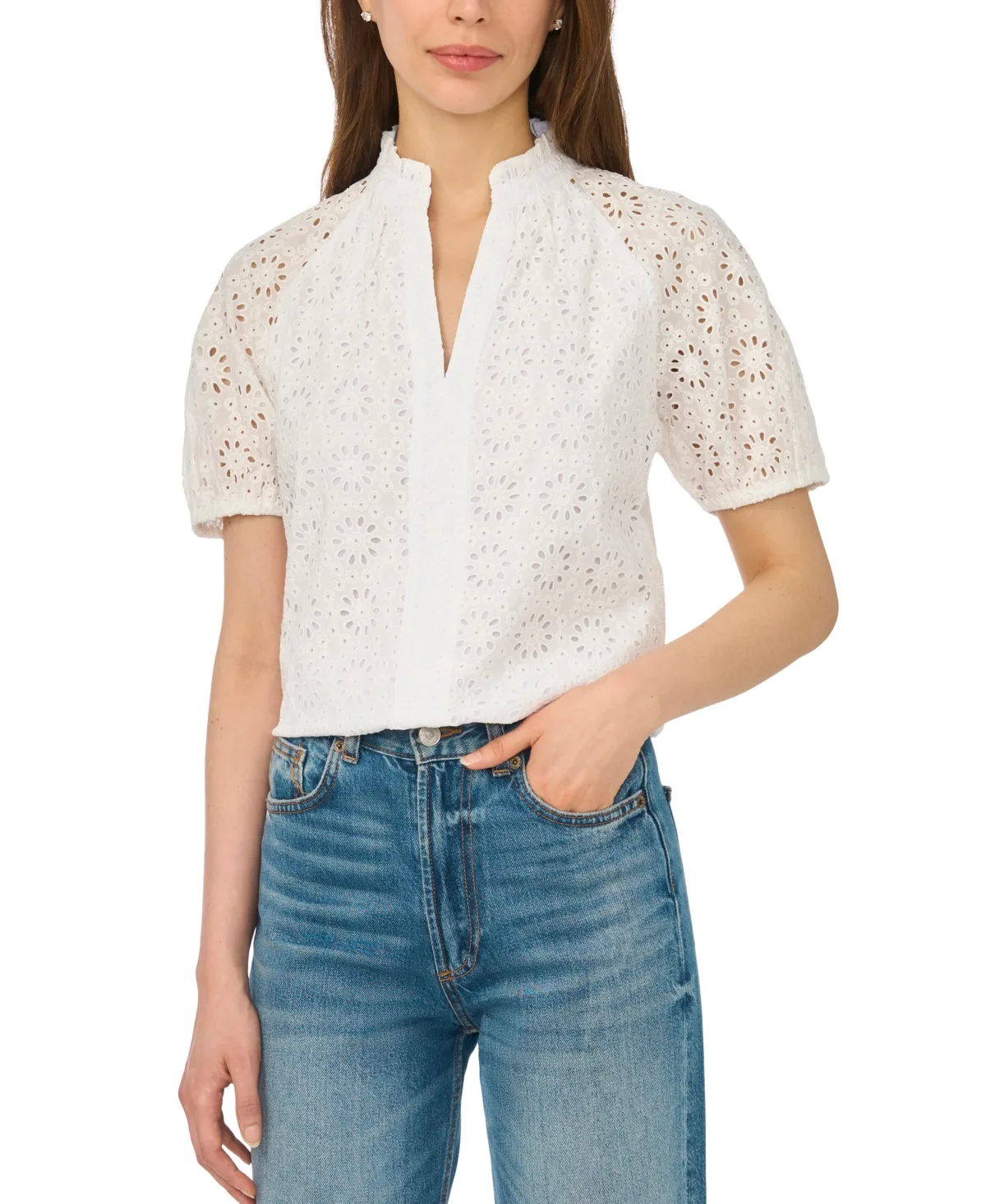 Short-Sleeve Split Neck Blouse by Cece