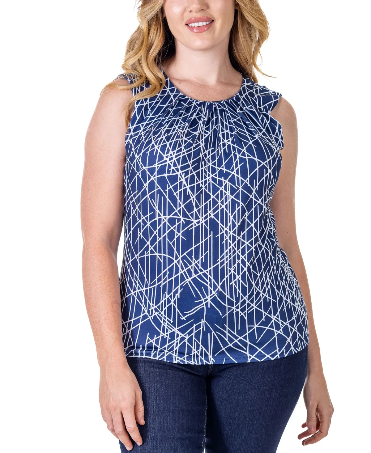 Print Pleated Crew Neckline Back Closure Sleeveless Top