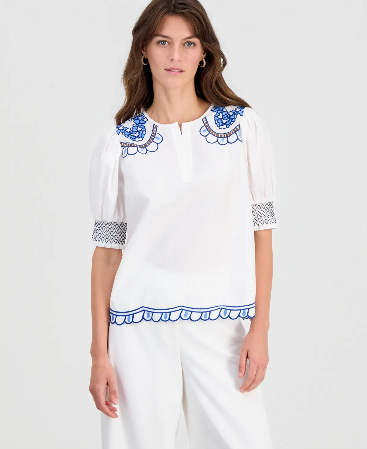 Cotton Embroidered-Trim Split-Neck Top by T Tahari
