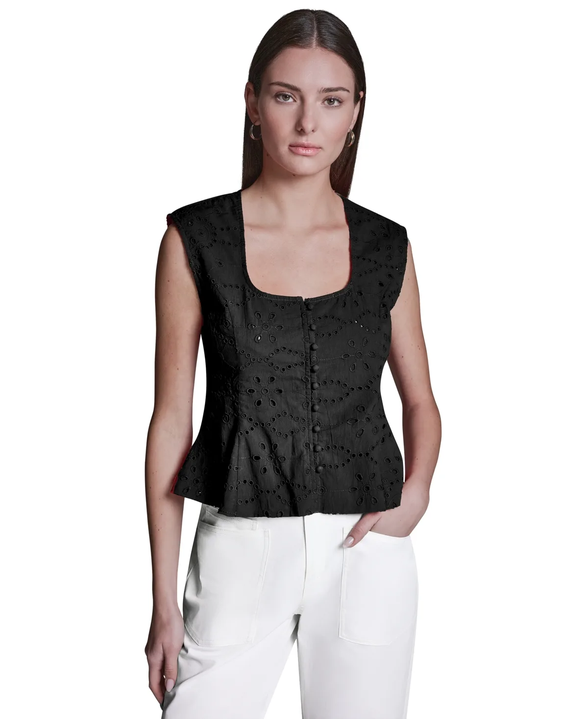 Eyelet Detail Sleeveless Square Neck Peplum Top by Bcbg