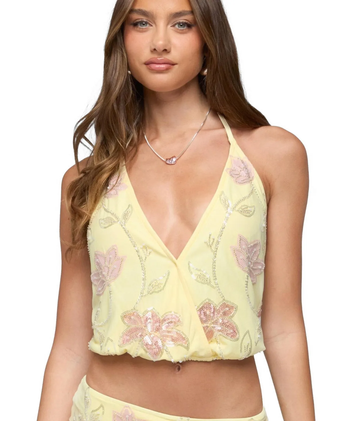 Mena Beaded Floral Backless Top by Edikted