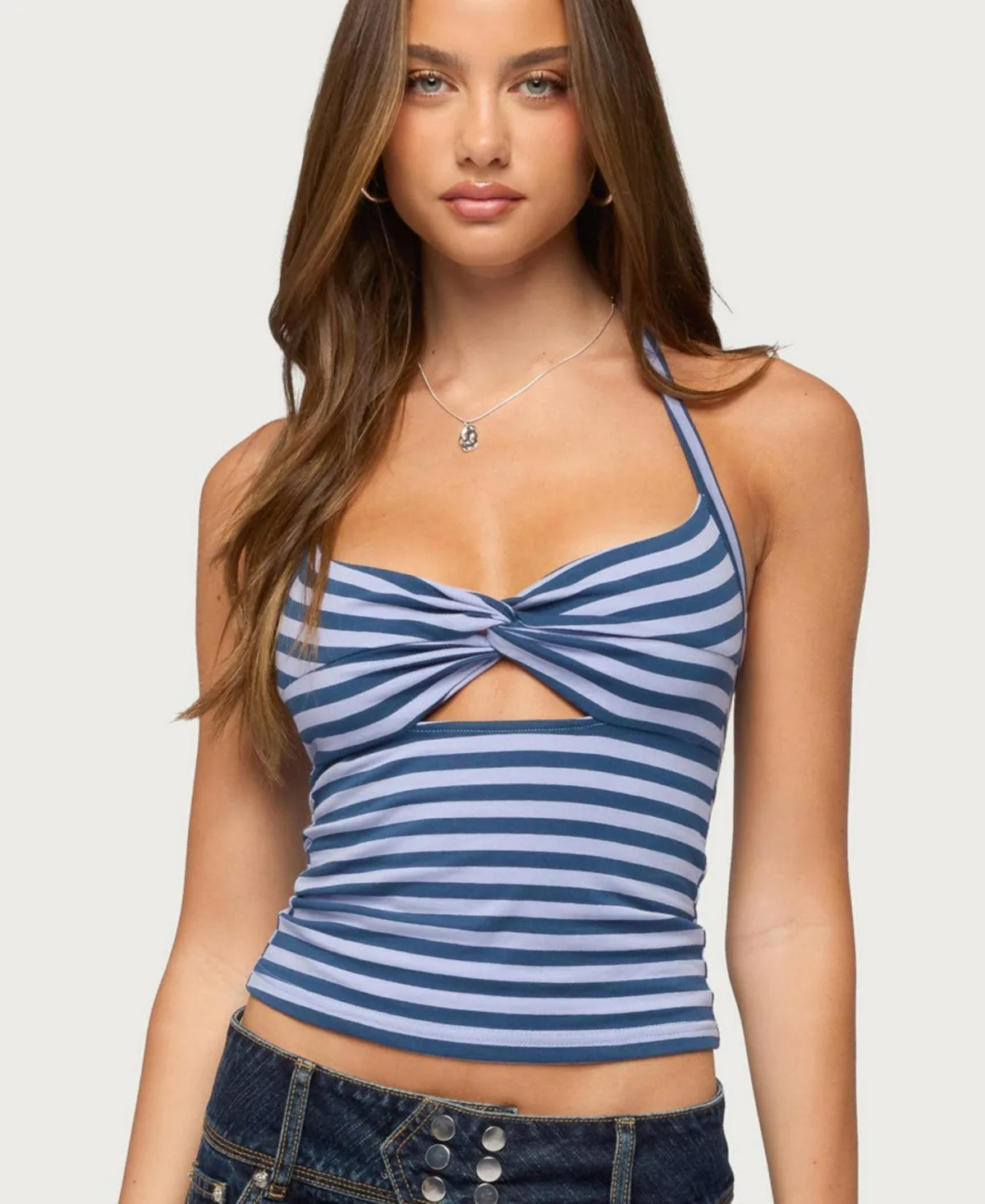 Twist Front Cutout Striped Halter Top by Edikted