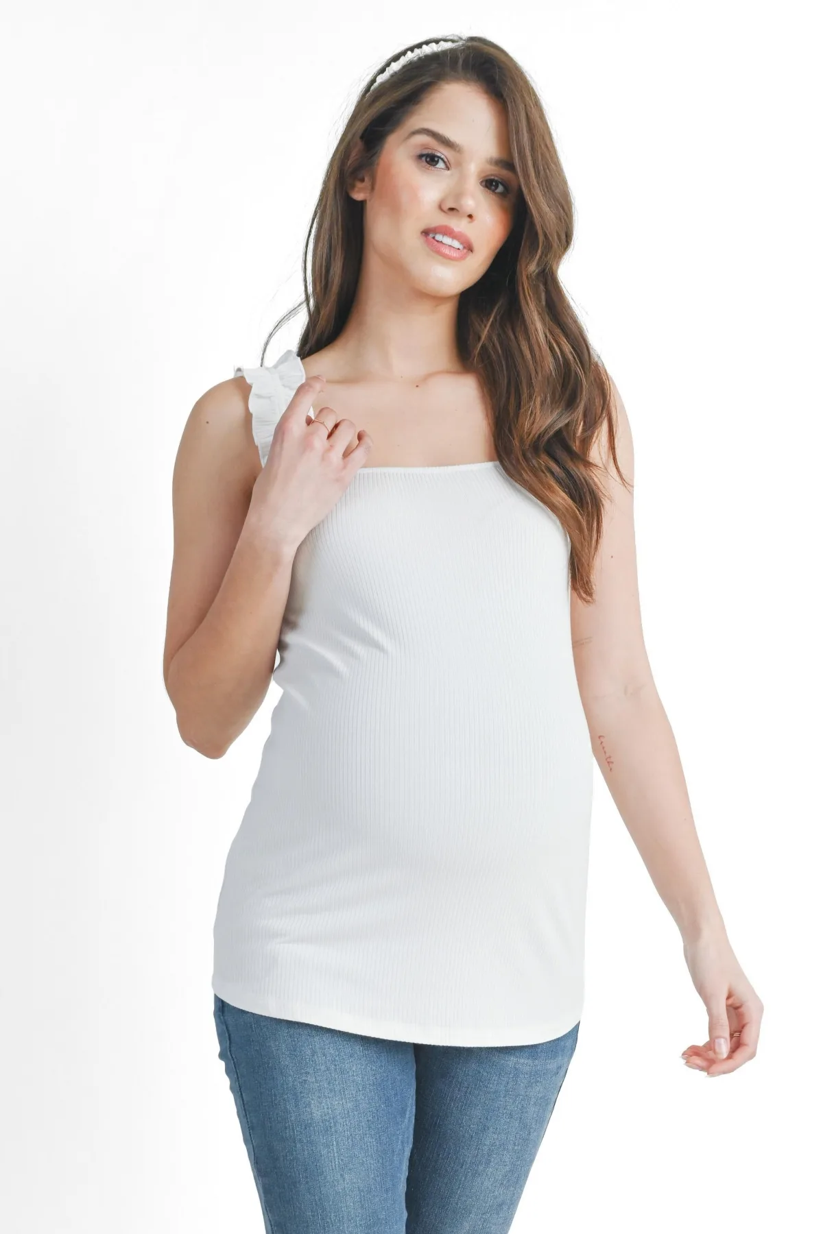 Maternity Square Neck Ribbed Tank Top with Ruffled Straps by Hello Miz