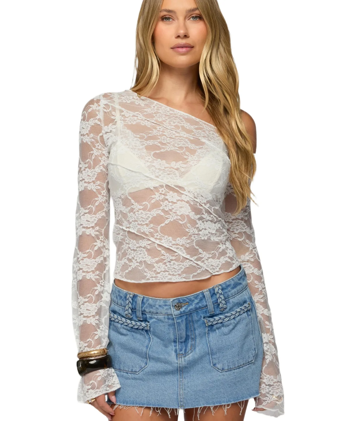 Stitched Sheer Lace Off Shoulder Top by Edikted