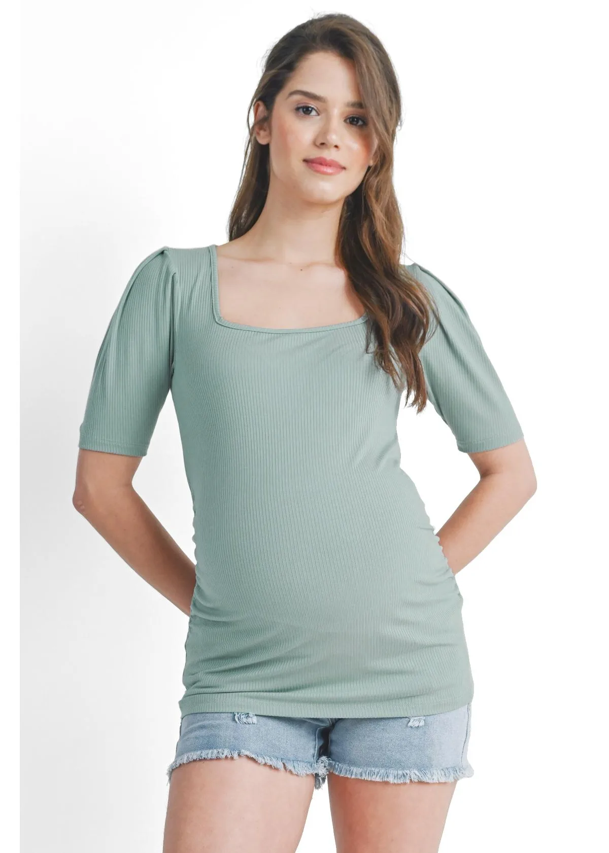 Ribbed Puff Sleeve Square Neck Top by Hello Miz